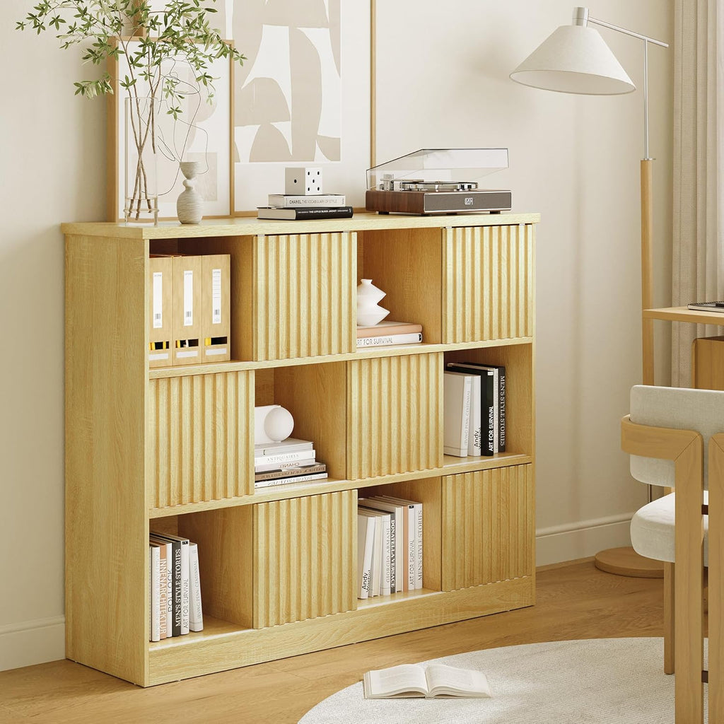 iPormis bookcase with 12 cube storage compartments and 6 fluted sliding doors in oak finish.
