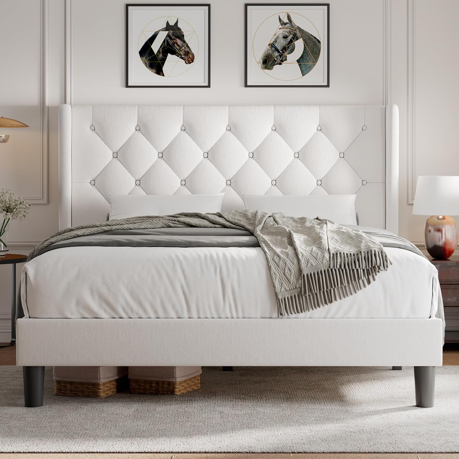 iPormis Queen Size Velvet Platform Bed Frame with Button Tufted Headboard, Upholstered Bed Frame with Solid Wooden Slats, 8" Underbed Space, No Box Spring Needed, Noise Free, Easy Assembly, White