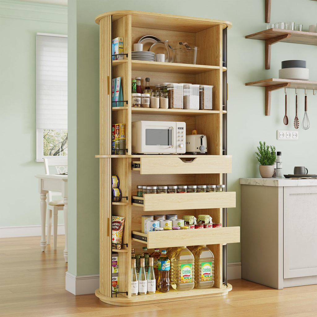 iPormis Kitchen Pantry with Sliding Doors, Tall Modern Curved Pantry Storage Cabinets with Drawer & Pull Out Shelves, 64-Inch Freestanding Wood Cupboard for Kitchen Dining Room Living Room, White