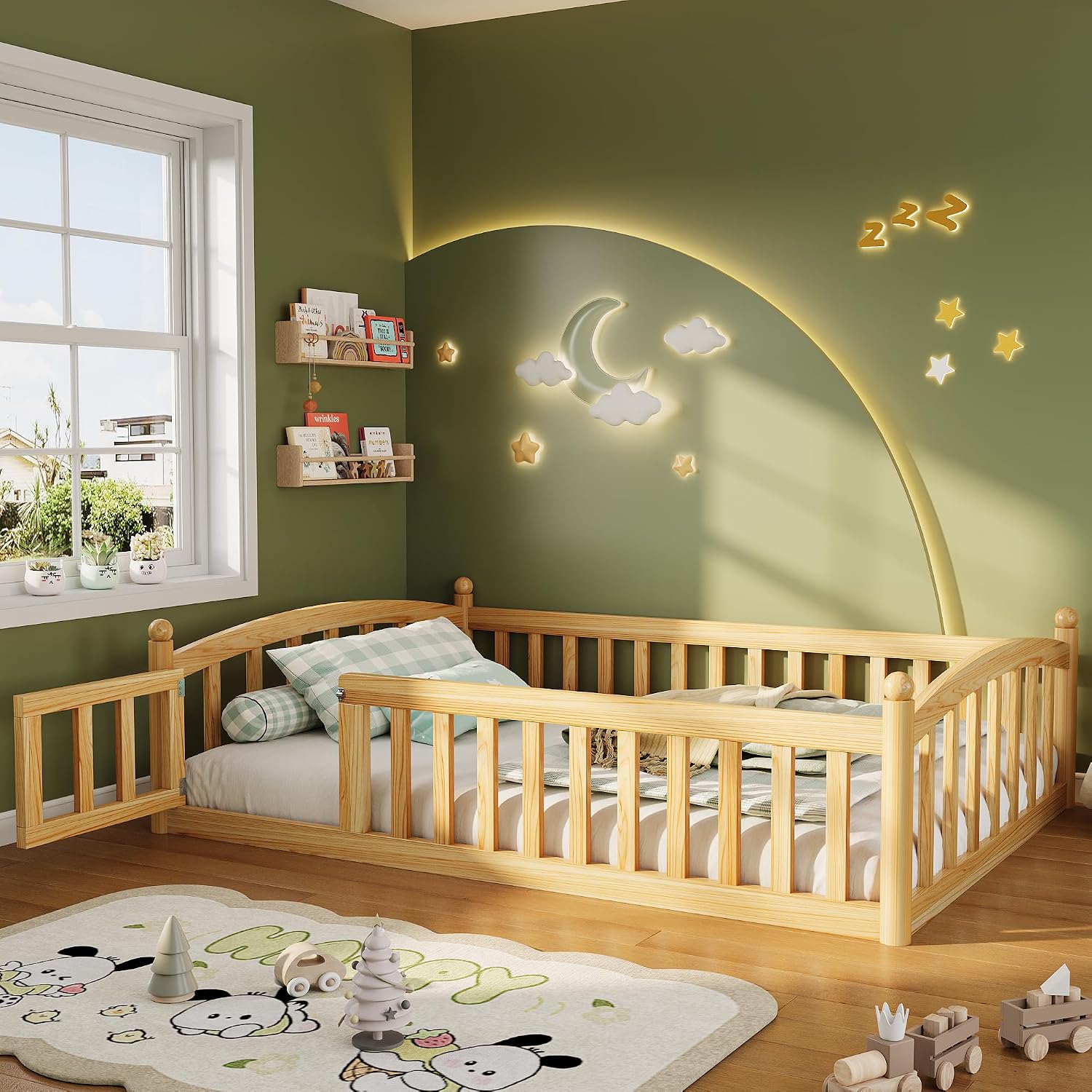 iPormis Twin Floor Bed with High Rails, Montessori Bed Frame with Wood Slats and Door, Montessori Floor Bed Twin for Kids, Girls, Boys, Easy Assembly, Natural