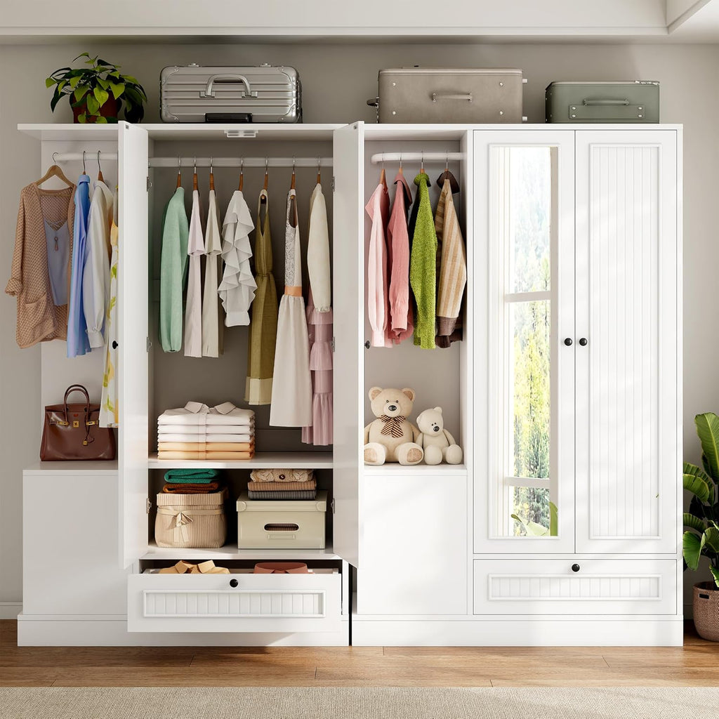 iPormis Armoire Wardrobe Closet with Mirror, Bedroom Armoires with 2 Doors, 1 Drawers and 3 Shelves, Large Clothing Storage Cabinet for Hanging Clothes, White
