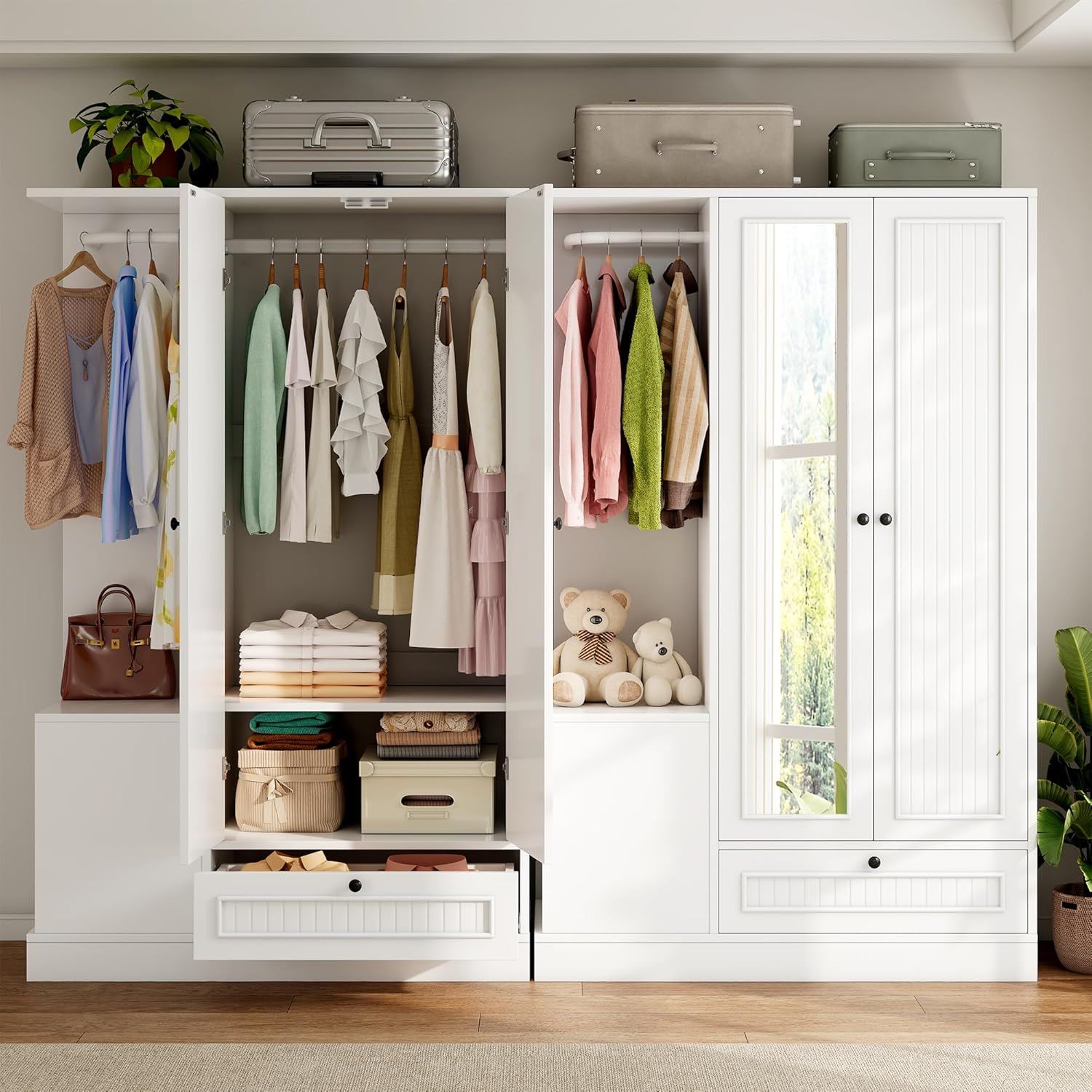 iPormis Armoire Wardrobe Closet with Mirror, Bedroom Armoires with 2 Doors, 1 Drawers and 3 Shelves, Large Clothing Storage Cabinet for Hanging Clothes, White