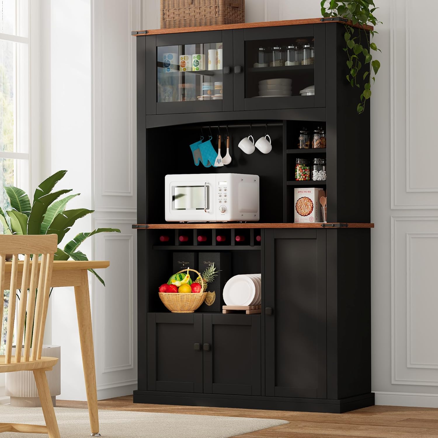 71" Tall Kitchen Pantry Storage Cabinet with Microwave Stand and Wine Rack, Farmhouse Kitchen Hutch with Adjustable Shelves and Glass Door, Coffee Bar Hutch with Charge Station and Countertop, Black
