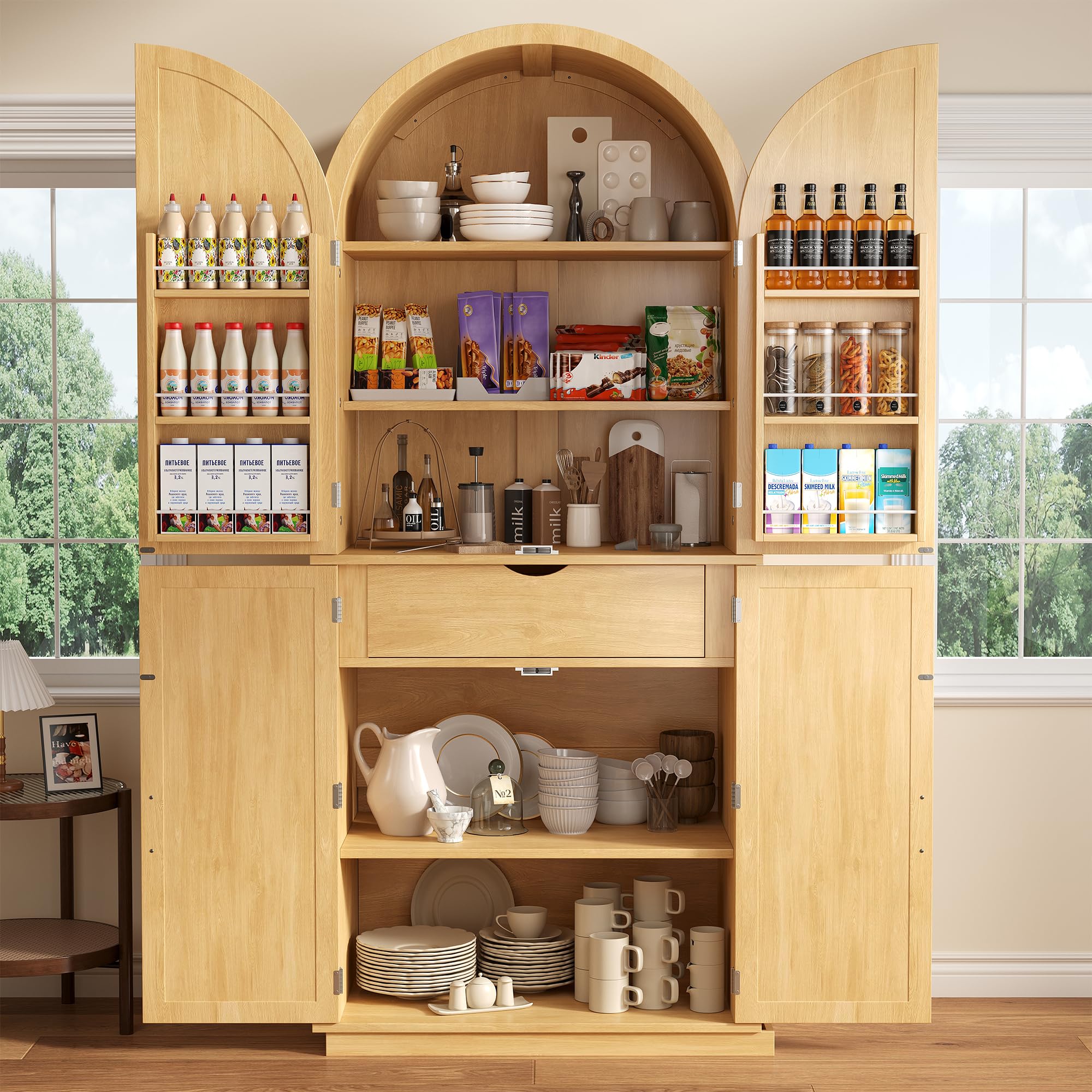 iPormis 71" tall arched cabinet in farmhouse style with doors, 6-tier shelves, and adjustable shelves for kitchen storage.