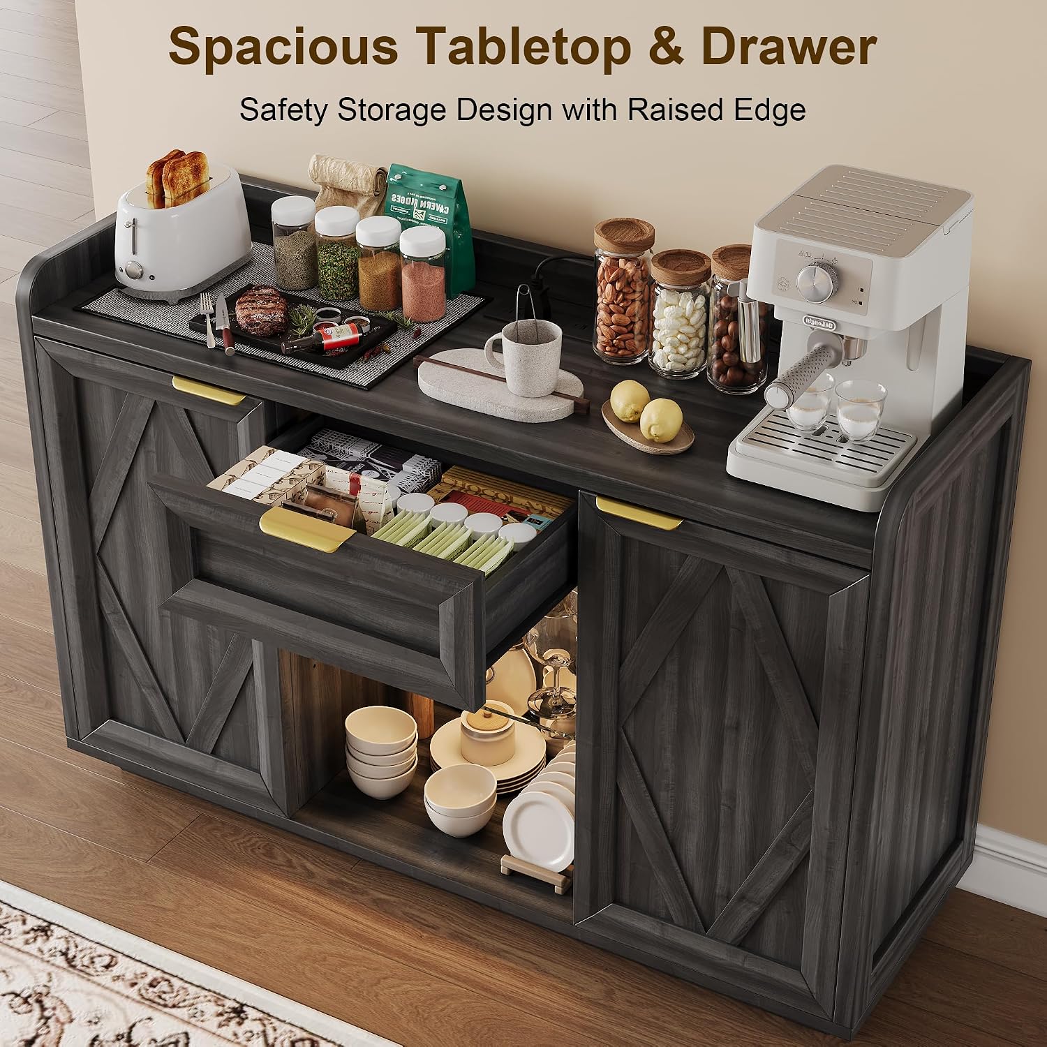 iPormis 47" Buffet Cabinet with LED Lights & Charging Station, Sideboard with Storage, 2 Doors & 1 Drawer, Adjustable Shelves, Modern Farmhouse Coffee Bar for Kitchen,Dining Room,Living Room, Black