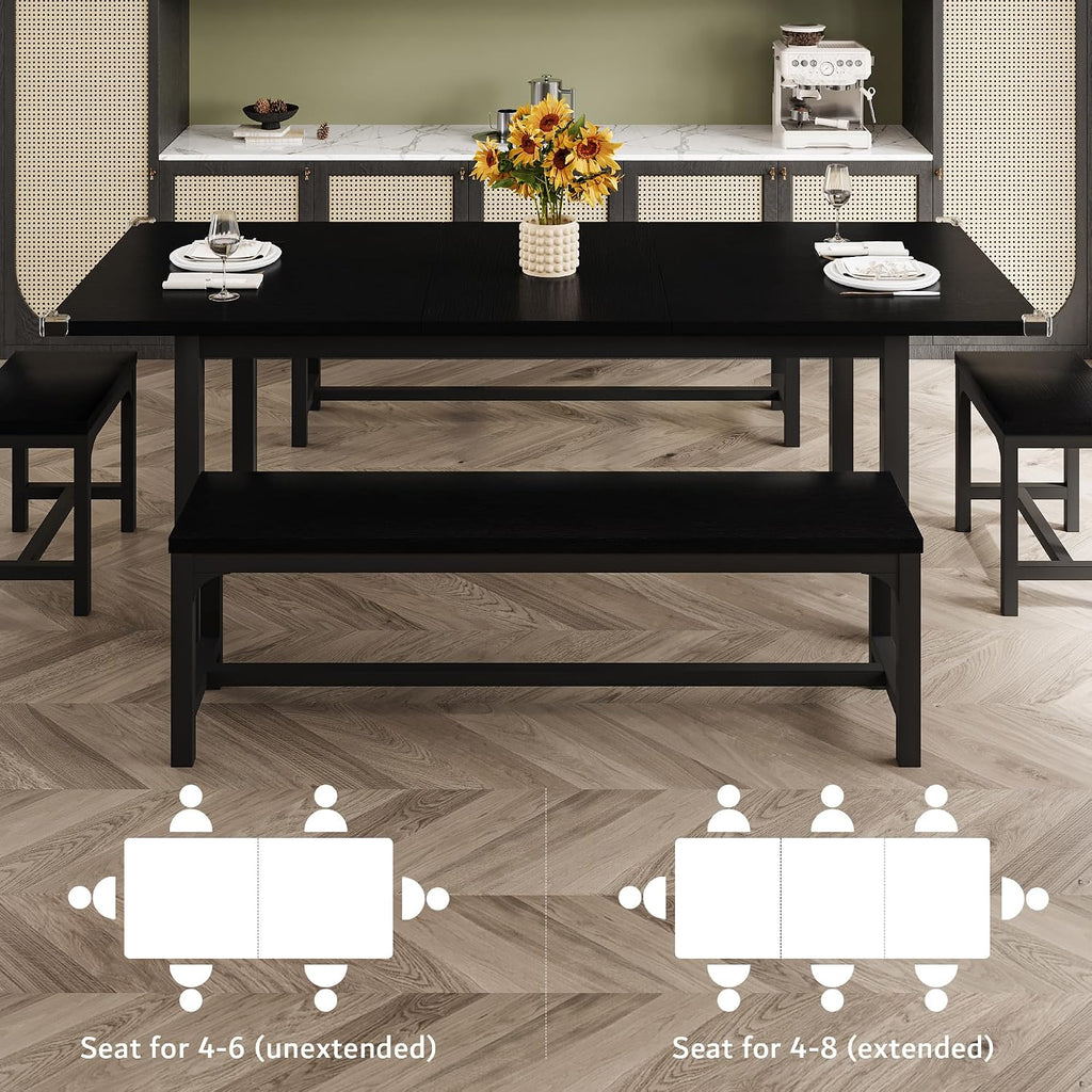iPormis 5-Piece Dining Table Set for 4-8 People, Extendable Kitchen Table Set with 2 Benches and 2 Square Stools, Mid-Century Dining Room Table with Metal Frame & MDF Board, Saving Space, Black