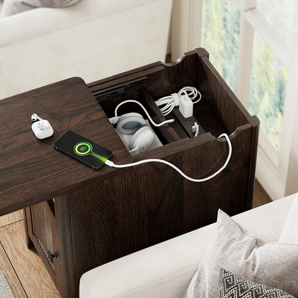 iPormis End Table with Charging Station, Narrow Side Table for Living Room, Farmhouse Night Stand with Storage Cabinet, Wood Bedside Table for Bedroom Small Space, Walnut