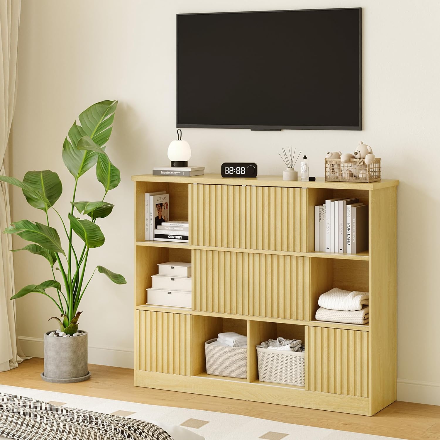 iPormis 12 Cube Storage Organizer with 6 fluted sliding doors in oak finish, showcasing spacious compartments and modern design.
