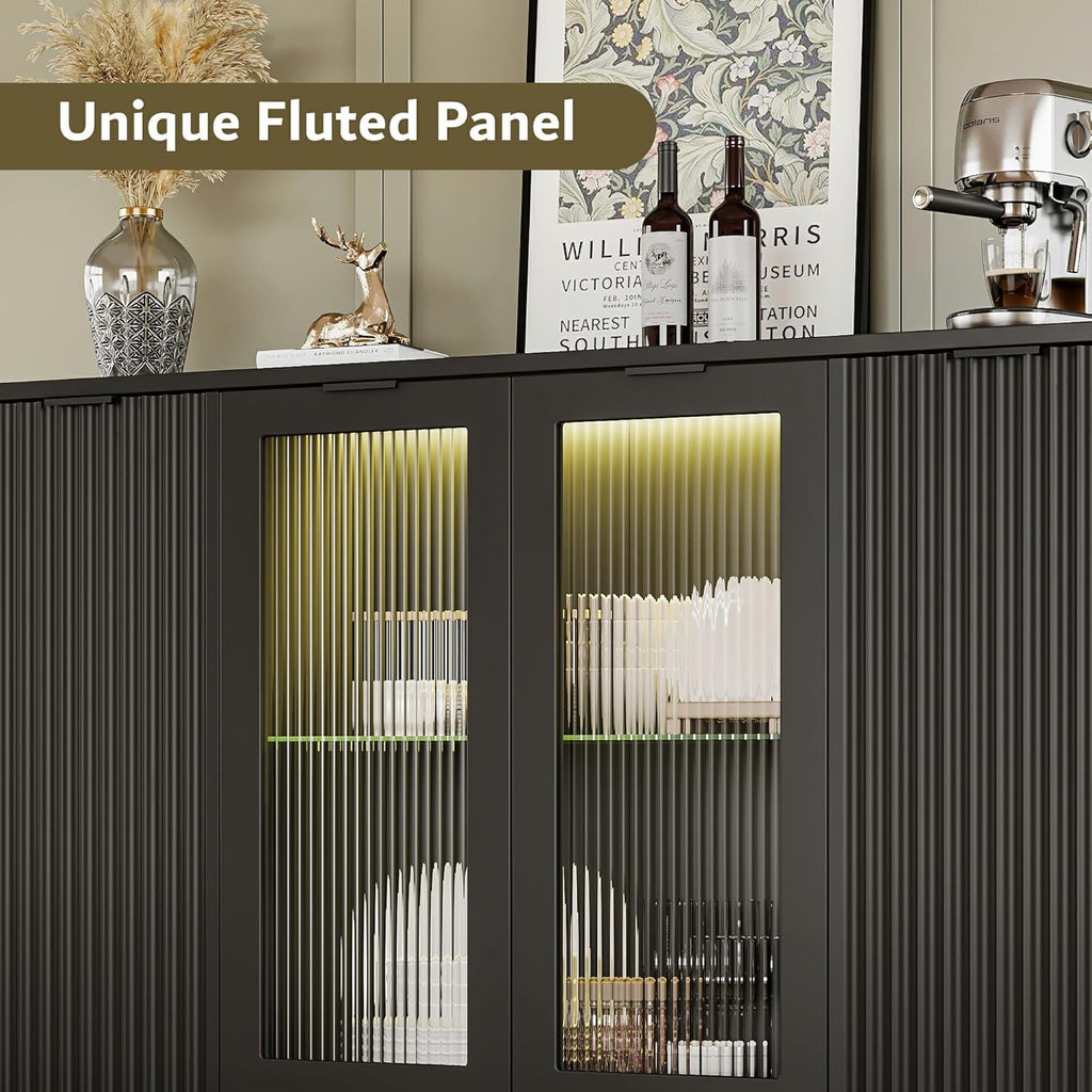 iPormis Sideboard Buffet Cabinet with Glass Doors & LED Lights, Fluted Credenza Storage Cabinet with Adjustable Shelves, 55" Modern Wood Coffee Bar for Kitchen Room Living Room Black
