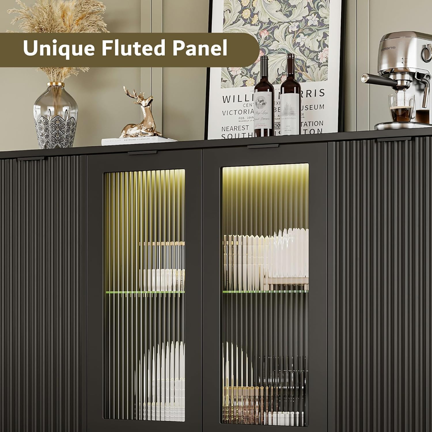 iPormis Sideboard Buffet Cabinet with Glass Doors & LED Lights, Fluted Credenza Storage Cabinet with Adjustable Shelves, 55" Modern Wood Coffee Bar for Kitchen Room Living Room Black