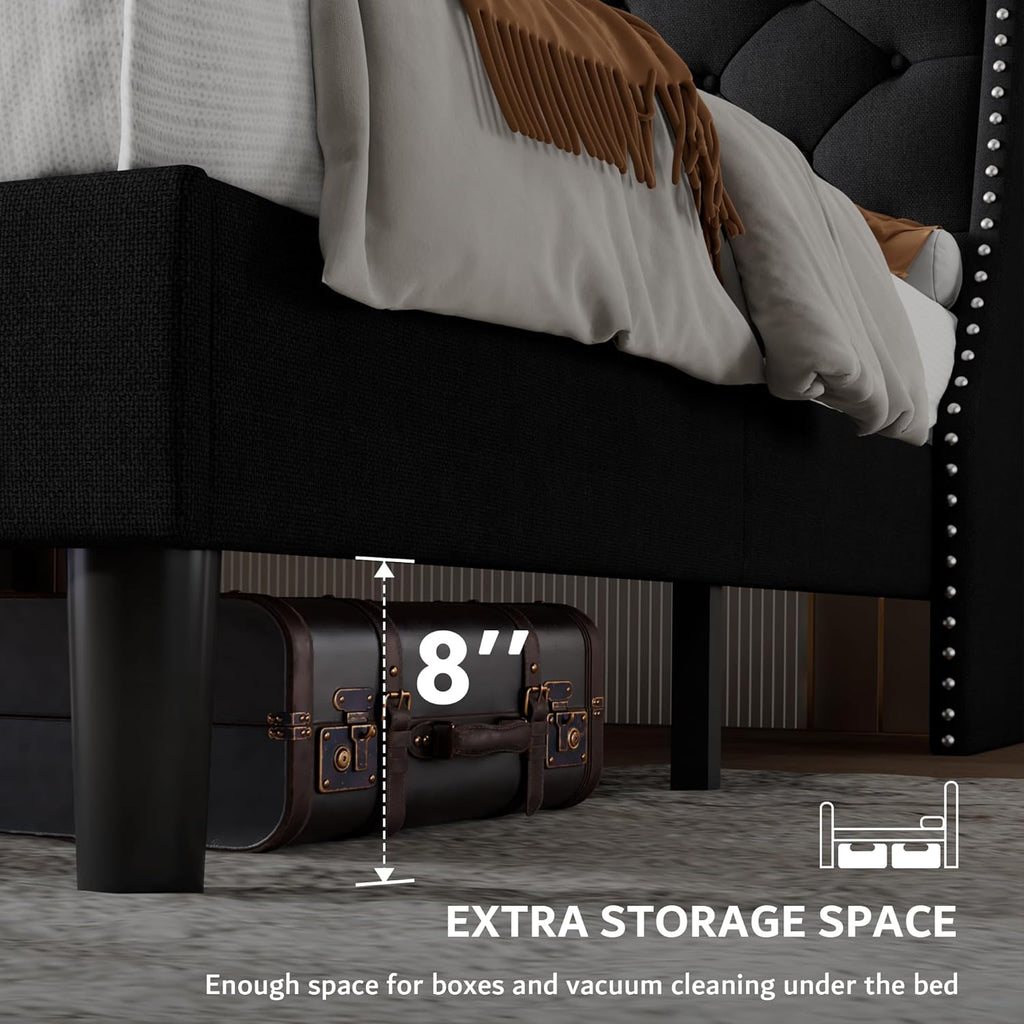 iPormis Full Bed Frame with 16" Comfort Wingback & Charging Station, Upholstered Platform Bed with Button Tufted Storage Headboard, Solid Wood Slats Support, No Box Spring Needed, Black
