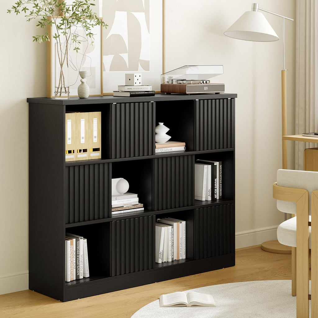 iPormis Bookcase 12 Cube Storage Organizer - 6 Fluted Sliding Doors, 3-Tier Wooden Bookshelf, 47.2” Freestanding Bookcase Shelf for Home/Office, Semi-Open Bookshelves, Black