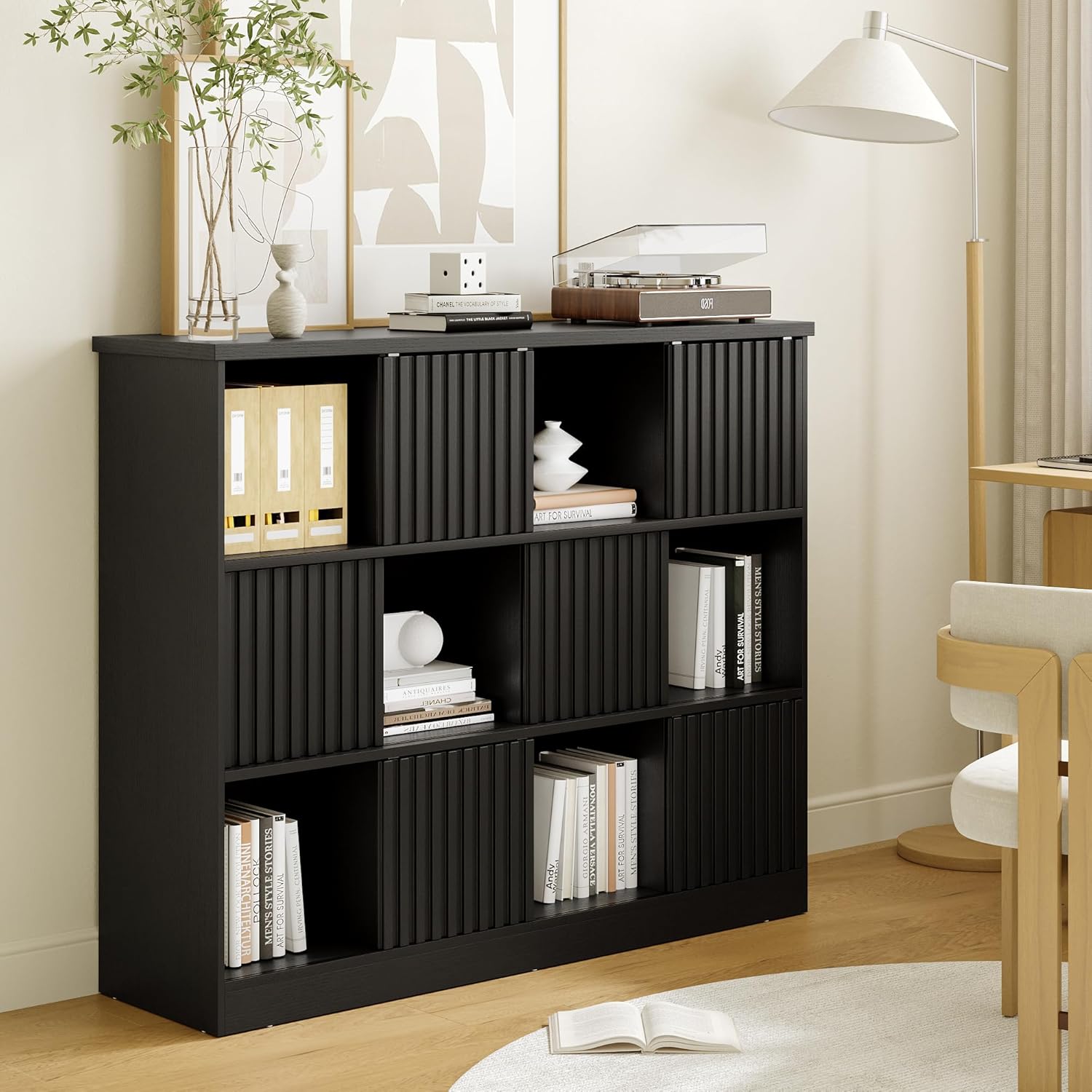 iPormis Bookcase 12 Cube Storage Organizer - 6 Fluted Sliding Doors, 3-Tier Wooden Bookshelf, 47.2” Freestanding Bookcase Shelf for Home/Office, Semi-Open Bookshelves, Black