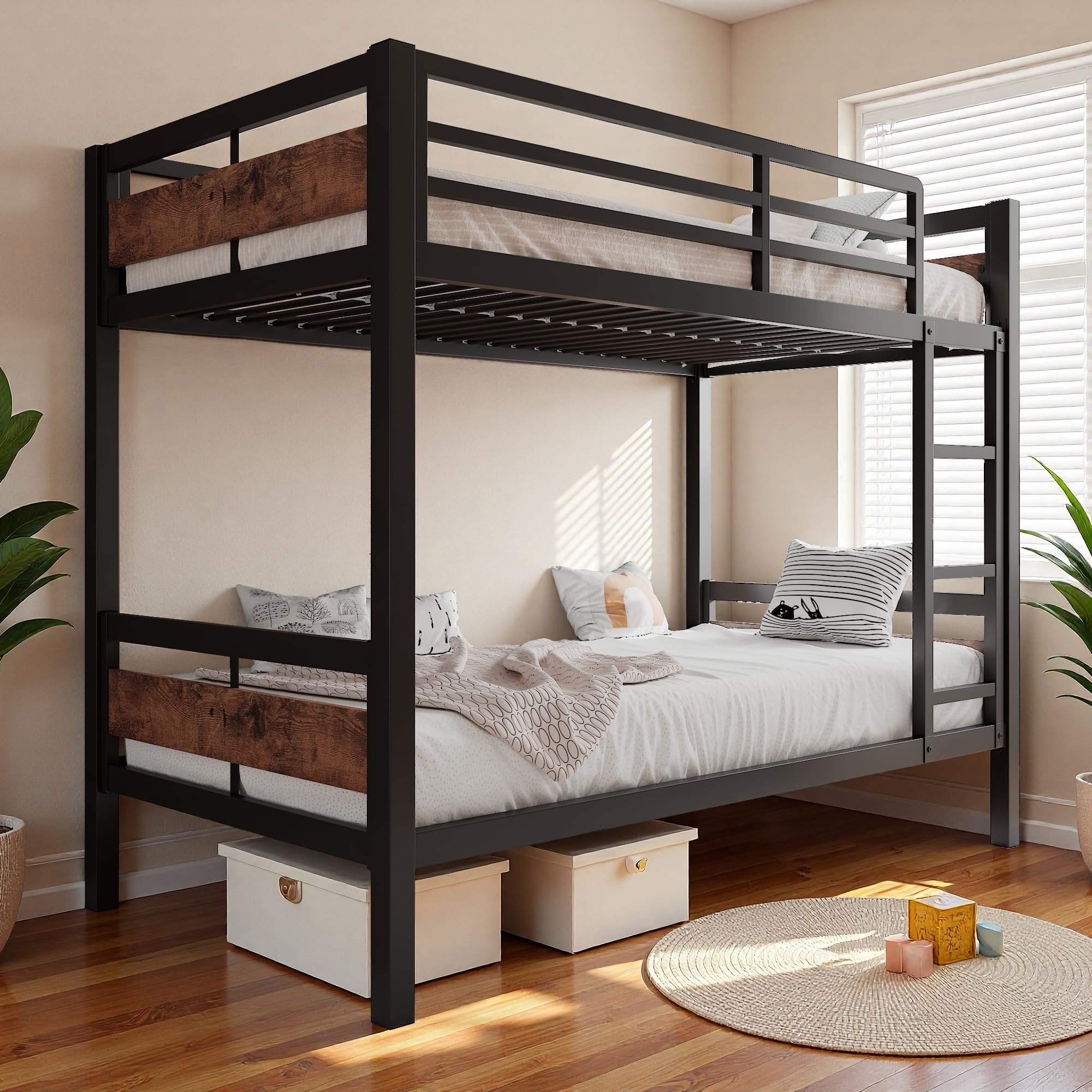 iPormis Metal Bunk Bed Twin Over Twin, Heavy Duty Bunk with High Guardrail and Safety Entrance Design, Under-Bed Storage Space, No Box Spring Needed, Noise Free, Black