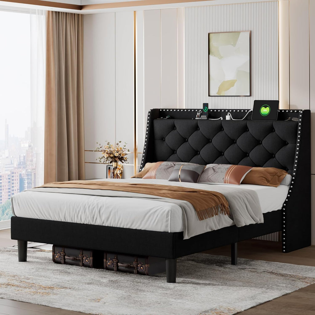iPormis Full Bed Frame with 16" Comfort Wingback & Charging Station, Upholstered Platform Bed with Button Tufted Storage Headboard, Solid Wood Slats Support, No Box Spring Needed, Black