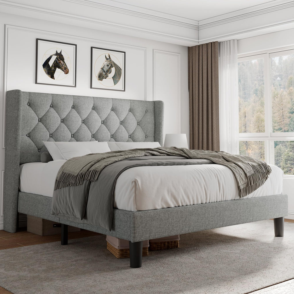 iPormis Queen Size Platform Bed Frame with Button Tufted Headboard, Upholstered Bed Frame with Solid Wooden Slats, 8" Underbed Space, No Box Spring Needed, Noise Free, Easy Assembly, Black