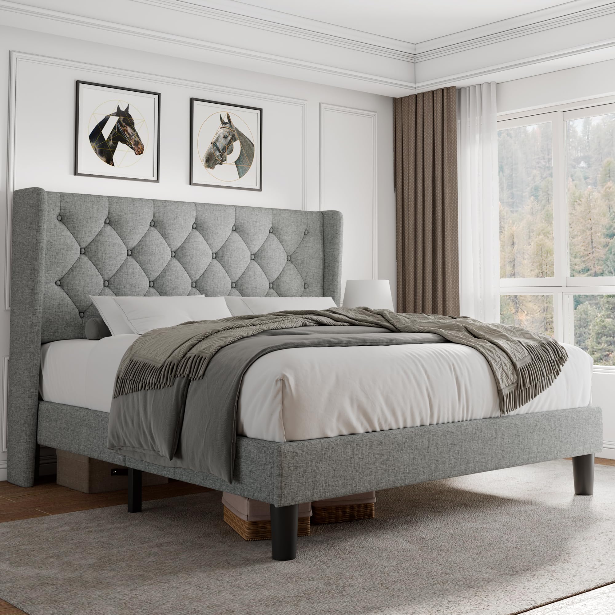 iPormis Queen Size Platform Bed Frame with Button Tufted Headboard, Upholstered Bed Frame with Solid Wooden Slats, 8" Underbed Space, No Box Spring Needed, Noise Free, Easy Assembly, Black
