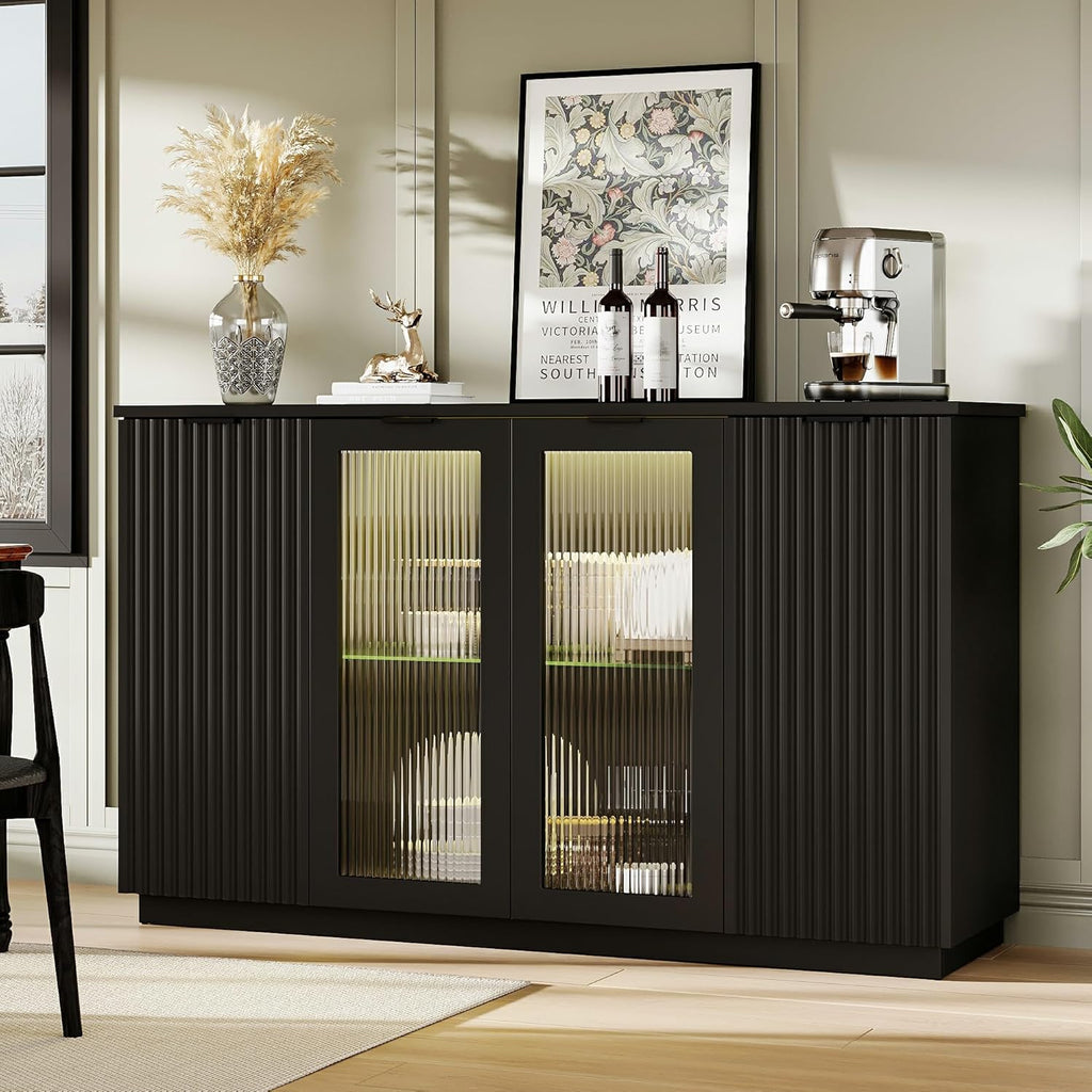 iPormis Sideboard Buffet Cabinet with Glass Doors & LED Lights, Fluted Credenza Storage Cabinet with Adjustable Shelves, 55" Modern Wood Coffee Bar for Kitchen Room Living Room Black
