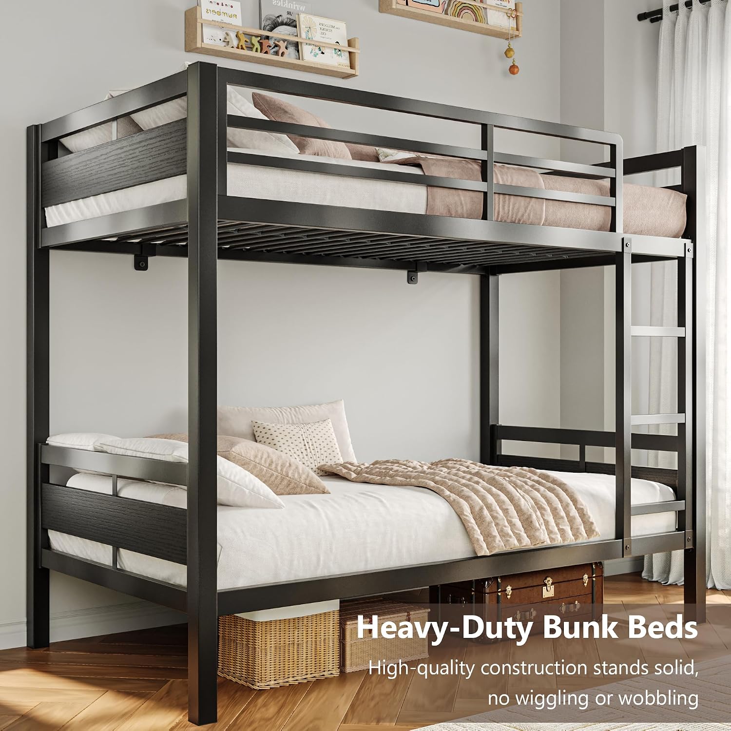 iPormis Metal Bunk Bed Twin Over Twin, Heavy Duty Bunk with High Guardrail and Safety Entrance Design, Under-Bed Storage Space, Easy Assembly, Noise Free, Black
