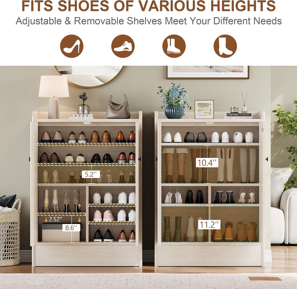 iPormis 6-Tier Shoe Cabinet with Drawer Set of 2, 47” Tall Large Shoe Storage Cabinet with Doors & Adjustable Shelves, Freestanding Wooden Shoe Rack Organizer Cabinet for Entryway Hallway, Natural