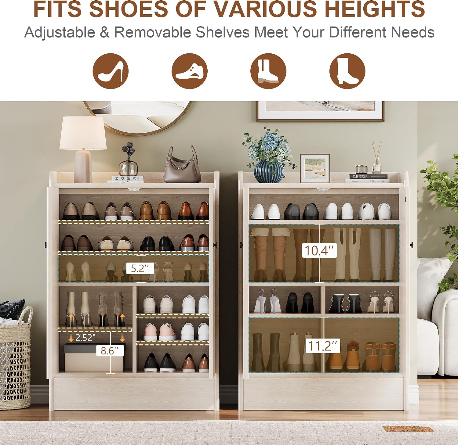iPormis 6-Tier Shoe Cabinet with Drawer Set of 2, 47” Tall Large Shoe Storage Cabinet with Doors & Adjustable Shelves, Freestanding Wooden Shoe Rack Organizer Cabinet for Entryway Hallway, Natural