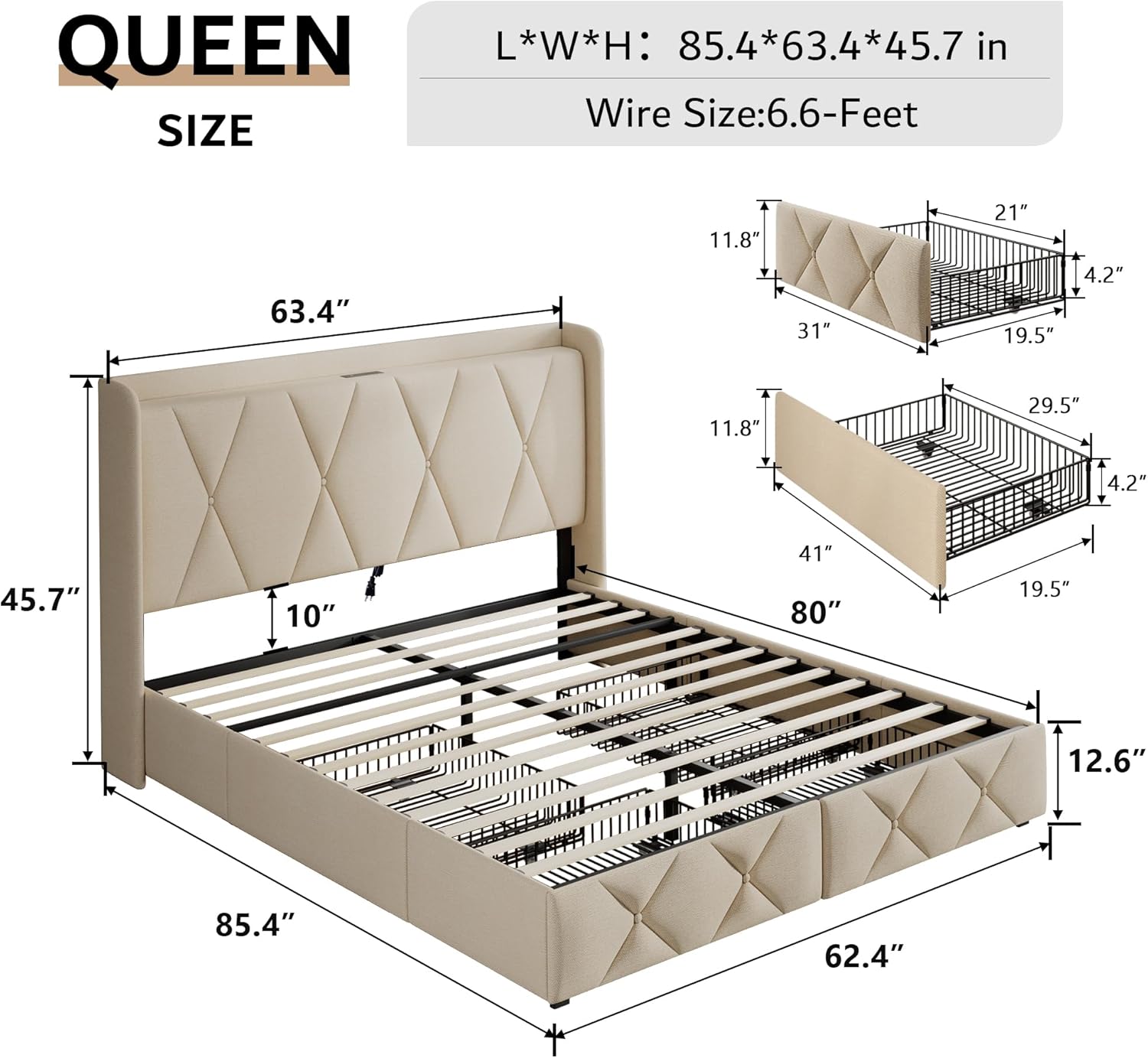 iPormis Queen Bed Frame with 4 Storage Drawers, Upholstered Platform Bed Frame with Charging Station, Modern Wingback Storage Headboard, Easy Assembly, Beige