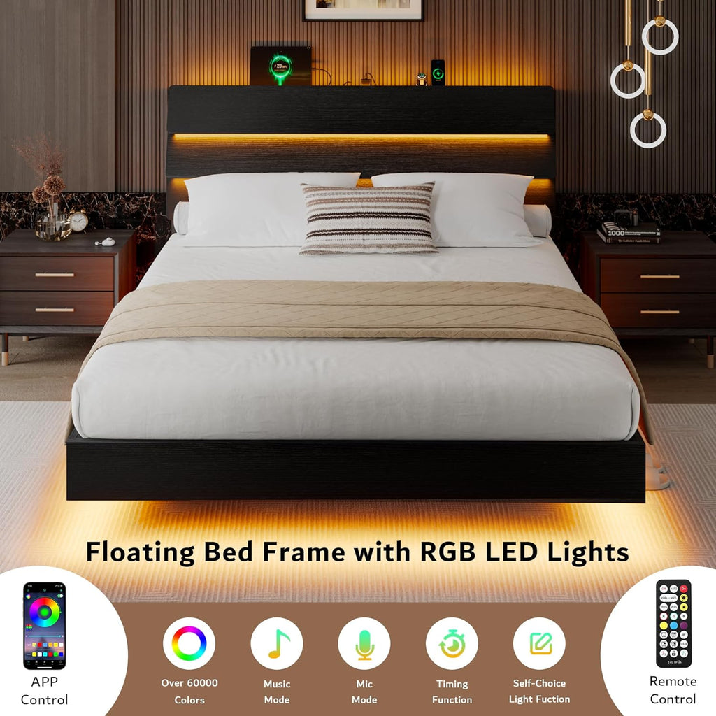 iPormis Queen Floating Bed Frame with LED Lights & Charging Station, Platform Bed with Wooden Storage Headboard, Steel Slats Support, No Box Spring Needed, Easy Assembly, Noise-Free, Black