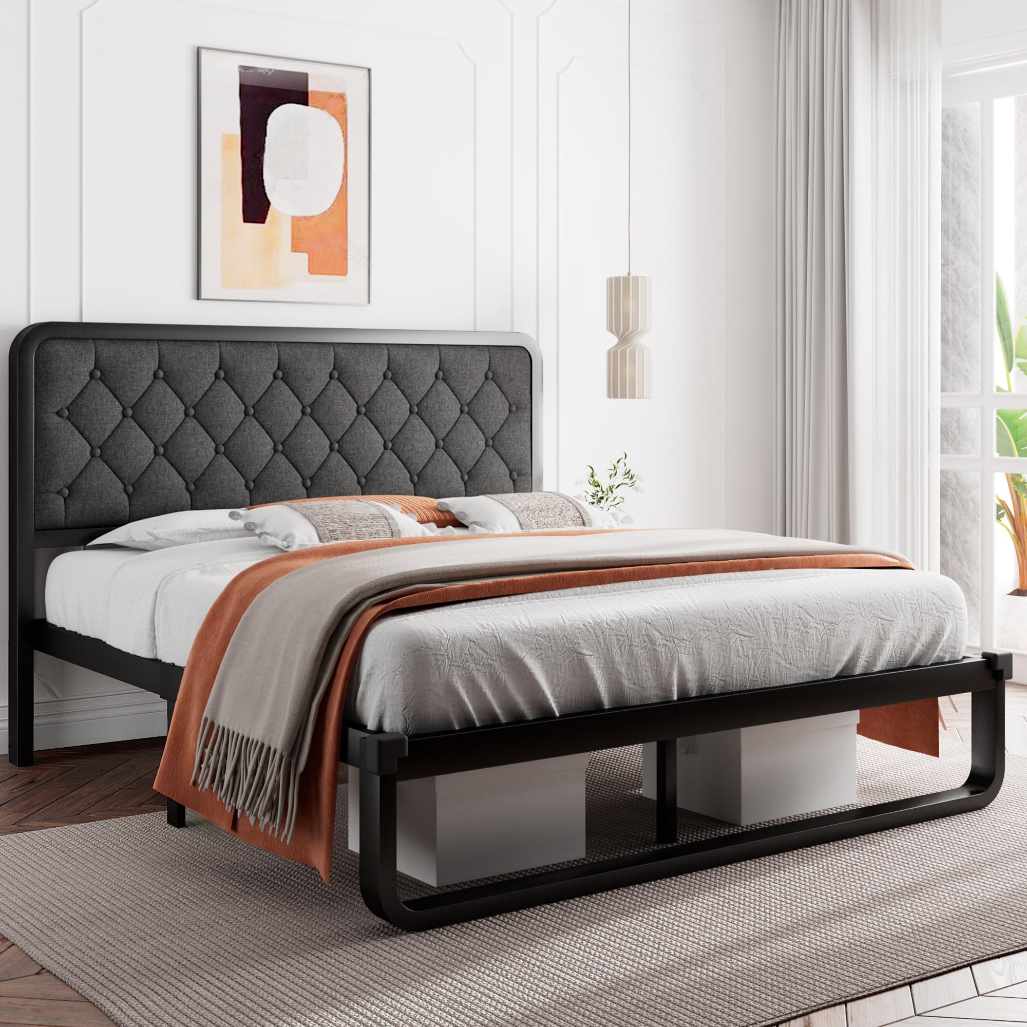 iPormis Queen Bed Frame with Headboard Faux Leather Upholstered Bed Frame Platform, All Metal Slats Support Platform Bed Frame with 12" Under Bed Space, Noise Free, No Box Spring Needed, Black