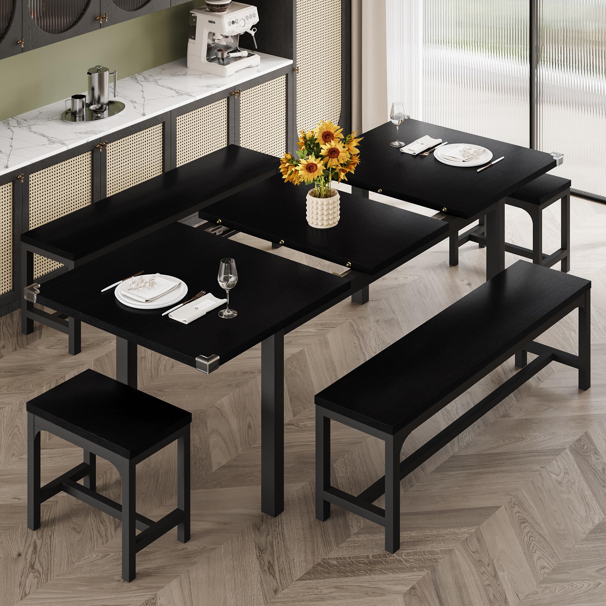 iPormis 7-piece dining table set with 63" extendable table and 6 stools in a modern kitchen setting.