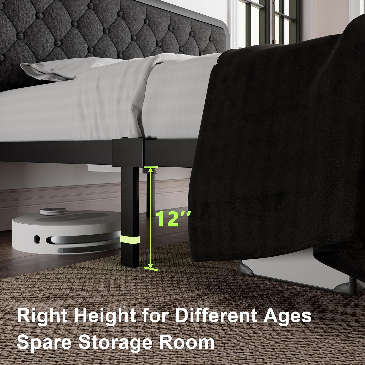 Feonase Full Size Bed Frame, Upholstered Bed Frame with Heavy-Duty Metal Steel Slats, Diamond Linen Headboard, 12" Storage Space, No Box Spring Needed, Noise Free, Easy Assembly, Dark Gray