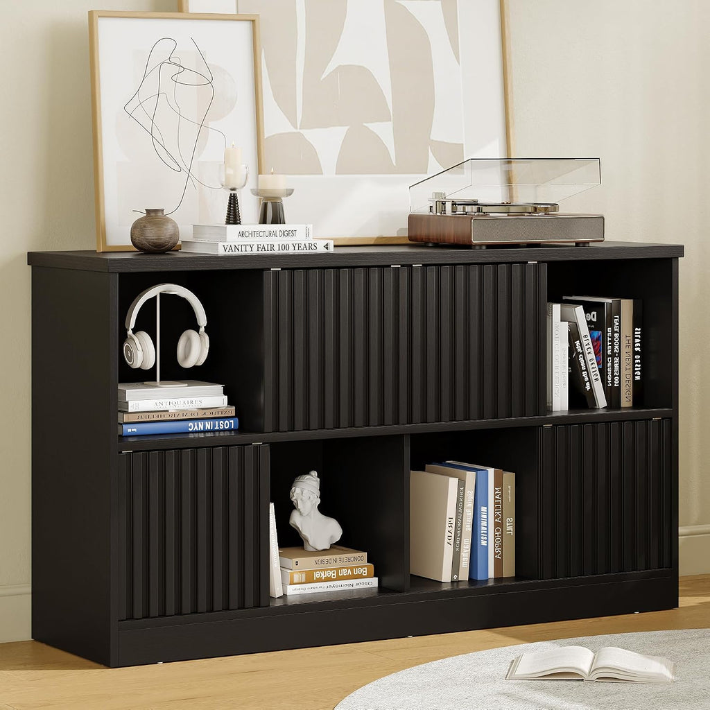 iPormis 8 Cube Bookshelf with Sliding Doors, Wooden Bookcase Storage Cabinet, Freestanding Cube Shelf Organizer for Books Decor in Living Room Bedroom Office, Black