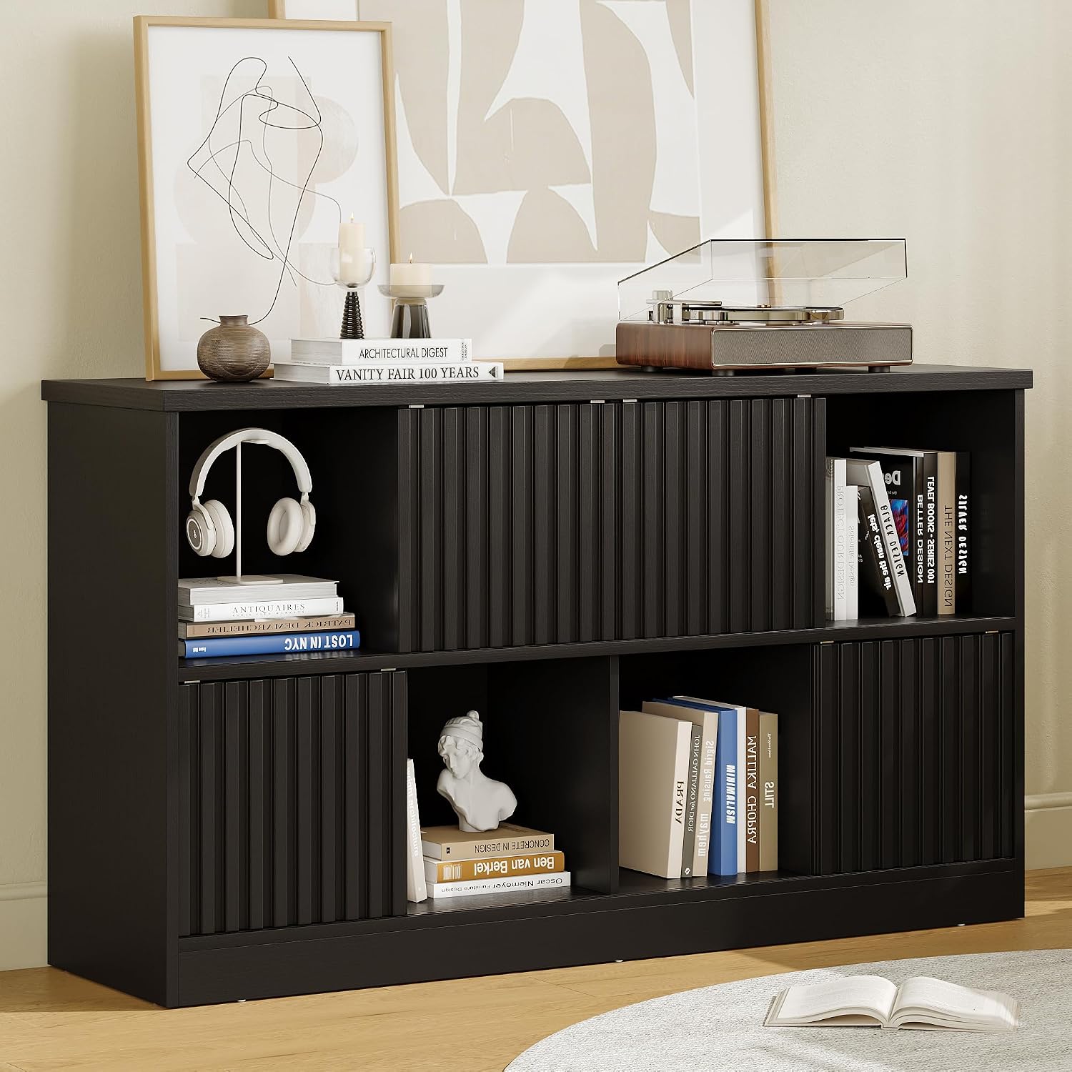 iPormis 8 Cube Bookshelf with Sliding Doors, Wooden Bookcase Storage Cabinet, Freestanding Cube Shelf Organizer for Books Decor in Living Room Bedroom Office, Black