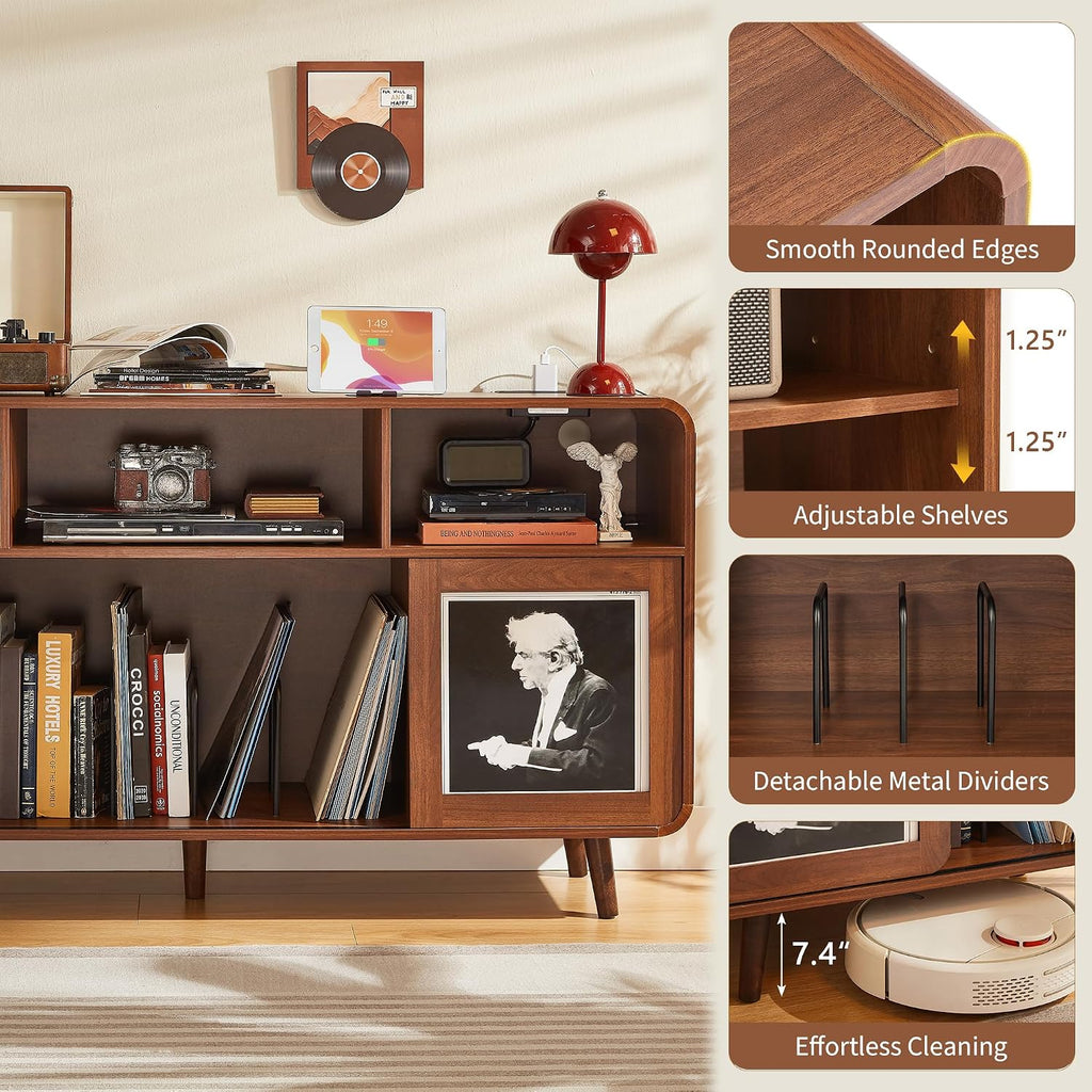 iPormis 56.1" Large Record Player Stand, Record Storage Cabinet with Charging Station, Mid Century Vinyl Player Stand, Adjustable Shelf, Media Cabinet with Sliding Doors for Music&Living Room, Walnut