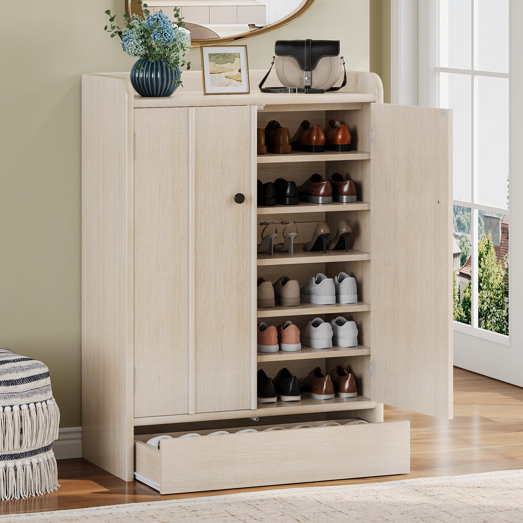 iPormis 6-Tier Shoe Cabinet with Drawer, 47” Tall Large Shoe Storage Cabinet with Doors & Adjustable Shelves, Freestanding Wooden Shoe Rack Organizer Cabinet for Entryway Hallway, Walnut Brown