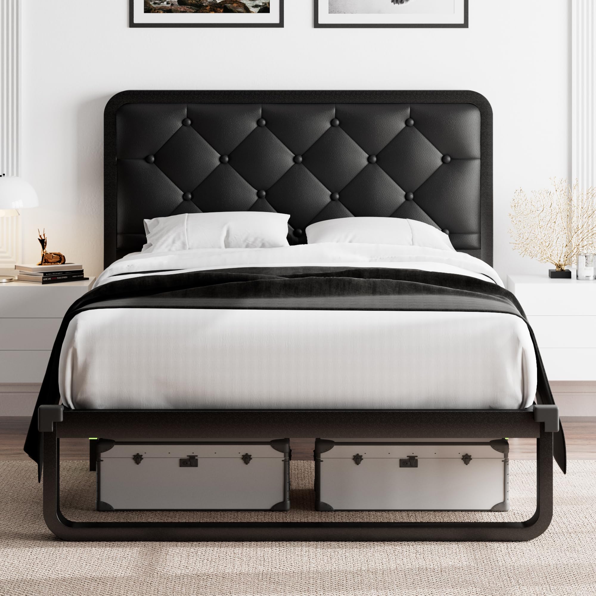 Feonase Full Size Bed Frame, Upholstered Bed Frame with Heavy-Duty Metal Steel Slats, Diamond Linen Headboard, 12" Storage Space, No Box Spring Needed, Noise Free, Easy Assembly, Dark Gray