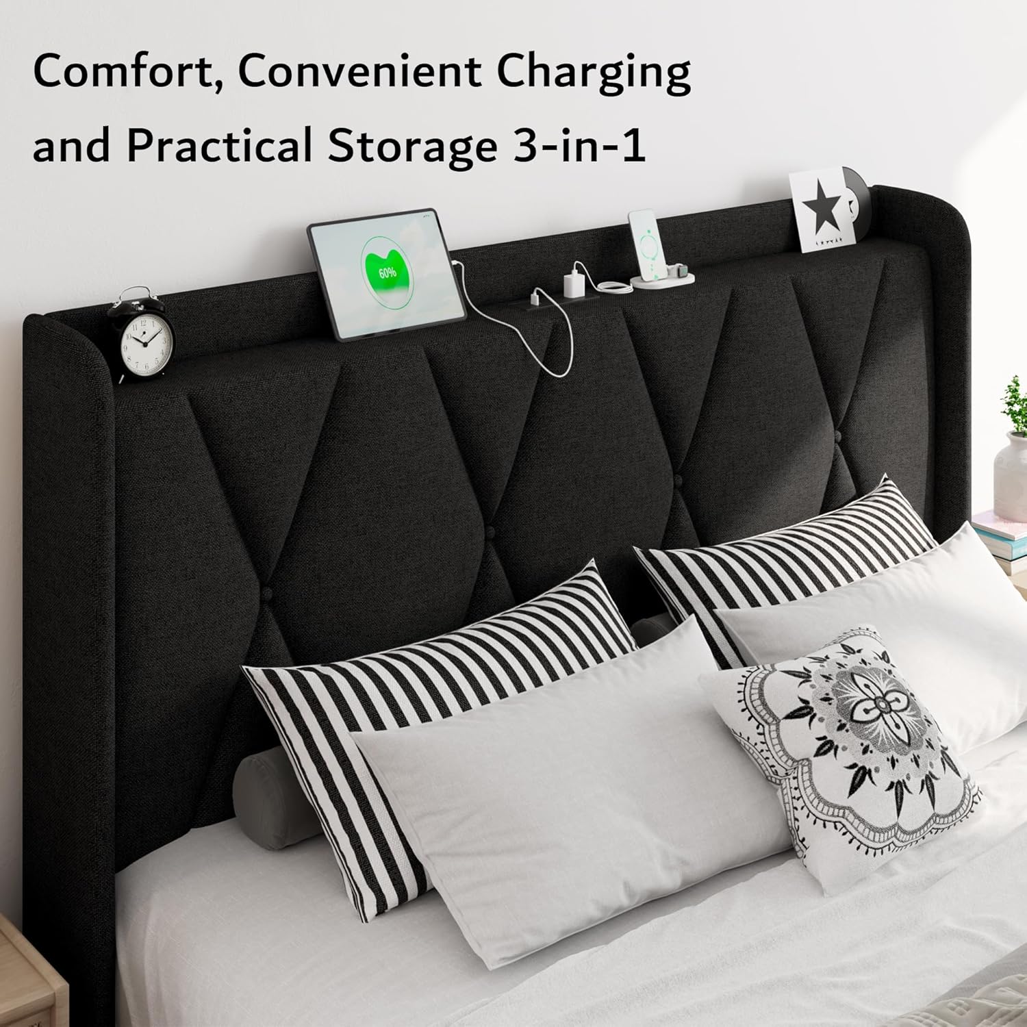 iPormis Queen Bed Frame with 4 Storage Drawers, Upholstered Platform Bed Frame with Charging Station, Modern Wingback Storage Headboard, Easy Assembly, Black