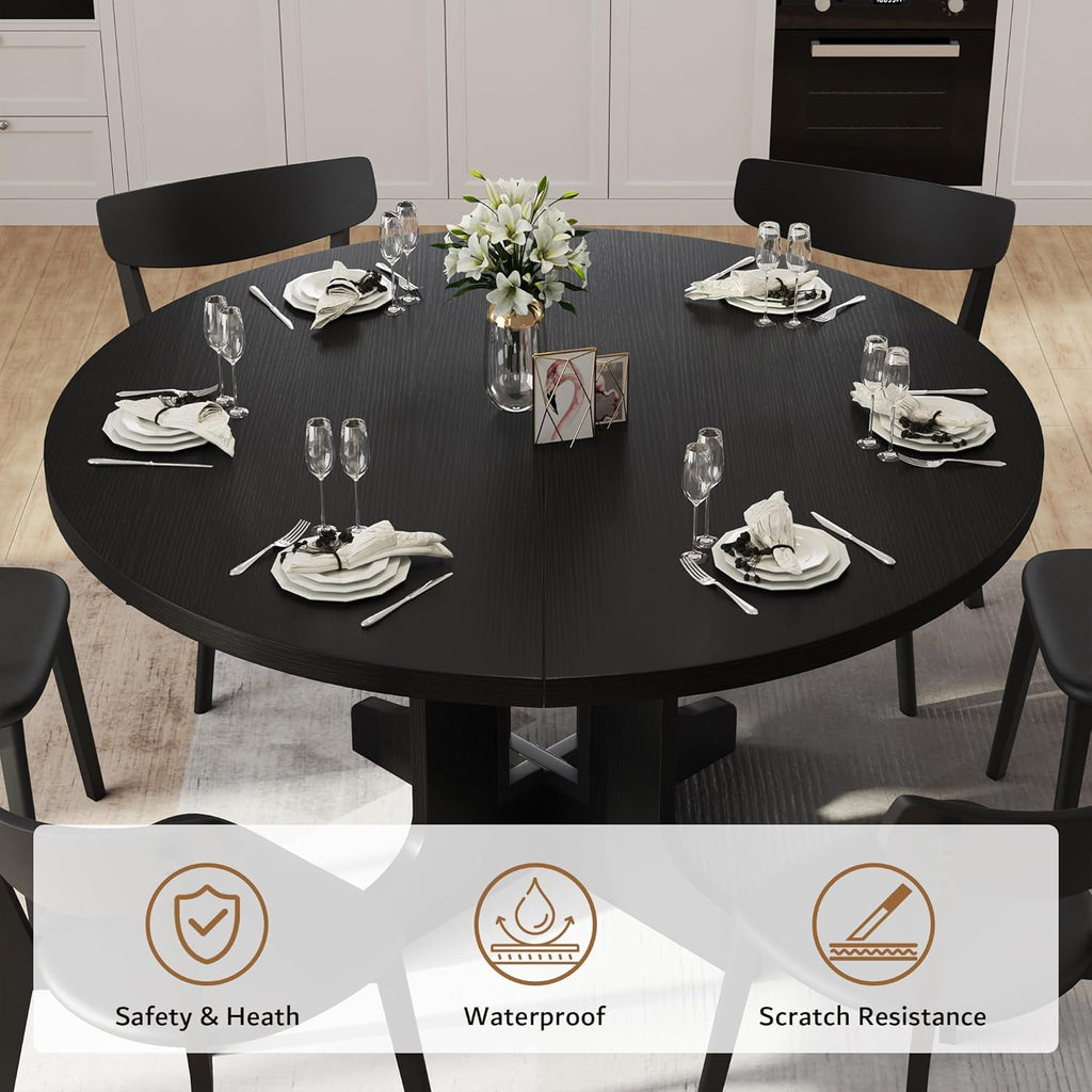 iPormis 59" extendable round dining table with a heavy-duty pedestal base and wooden top, designed for 4-6 people.