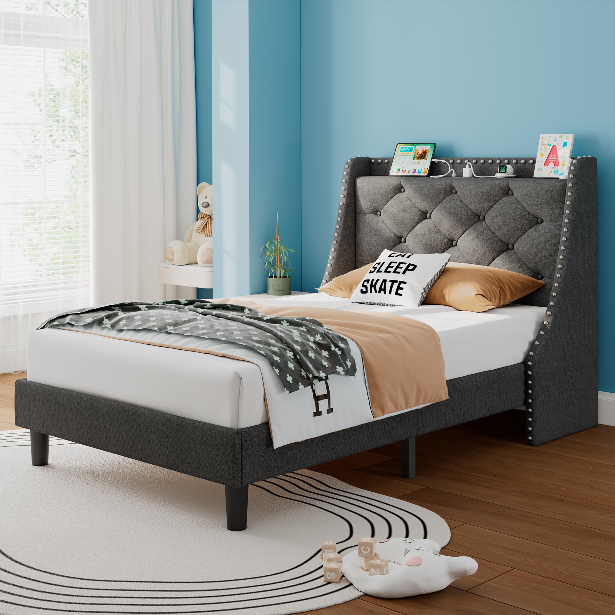 iPormis Full Bed Frame with 16" Comfort Wingback & Charging Station, Upholstered Platform Bed with Button Tufted Storage Headboard, Solid Wood Slats Support, No Box Spring Needed, Black