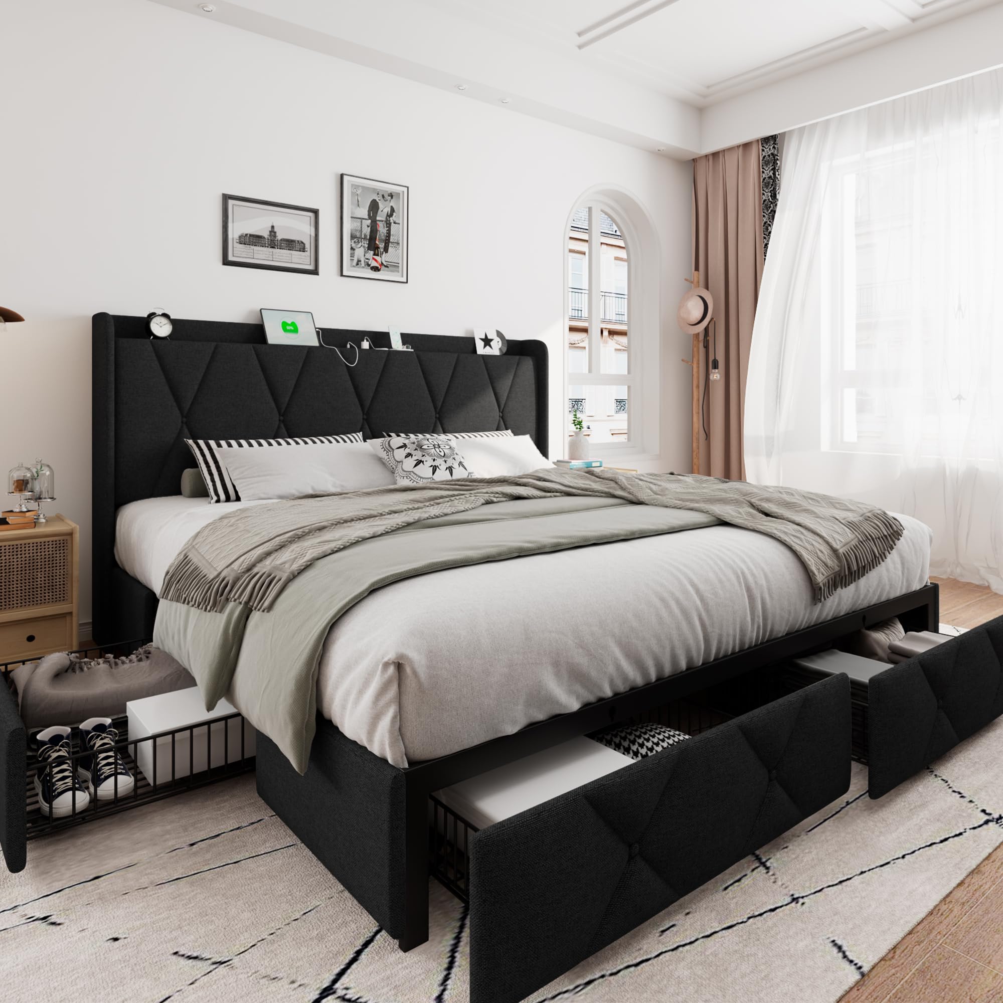 iPormis Queen Bed Frame with 4 Storage Drawers, Upholstered Platform Bed Frame with Charging Station, Modern Wingback Storage Headboard, Easy Assembly, Beige