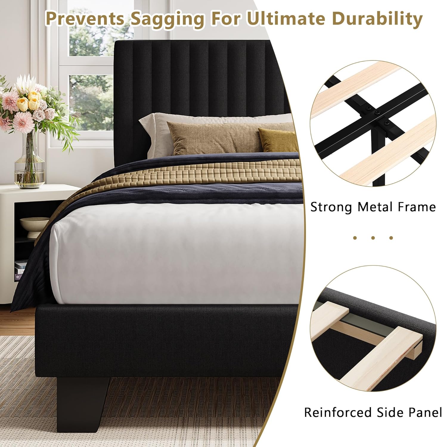 iPormis Full Size Bed Frame, Upholstered Platform Bed with Vertical Linen Headboard, Wide Bed Legs and Strong Wood Slats Support, No Box Spring Needed, Easy Assembly, Noise Free, Black