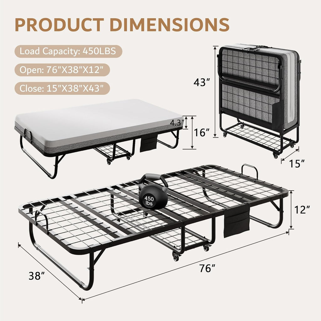 iPormis Folding Bed with Mattress, 76" x 38" Twin Foldable Bed with Side Pocket & Storage Shelf, Portable Rollaway Beds for Adults, Folded Up Beds w/Sturdy Metal Frame for Guest, Space Saving