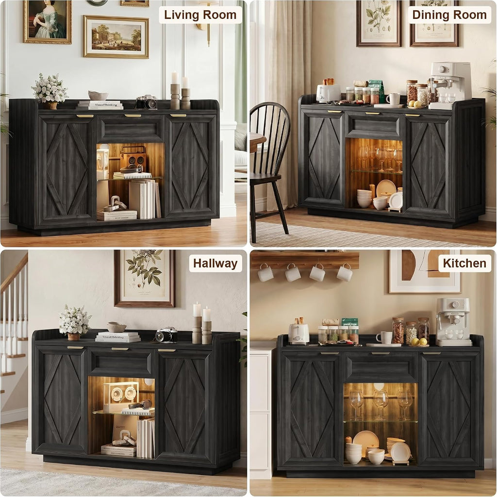 iPormis 47" Buffet Cabinet with LED Lights & Charging Station, Sideboard with Storage, 2 Doors & 1 Drawer, Adjustable Shelves, Modern Farmhouse Coffee Bar for Kitchen,Dining Room,Living Room, Black
