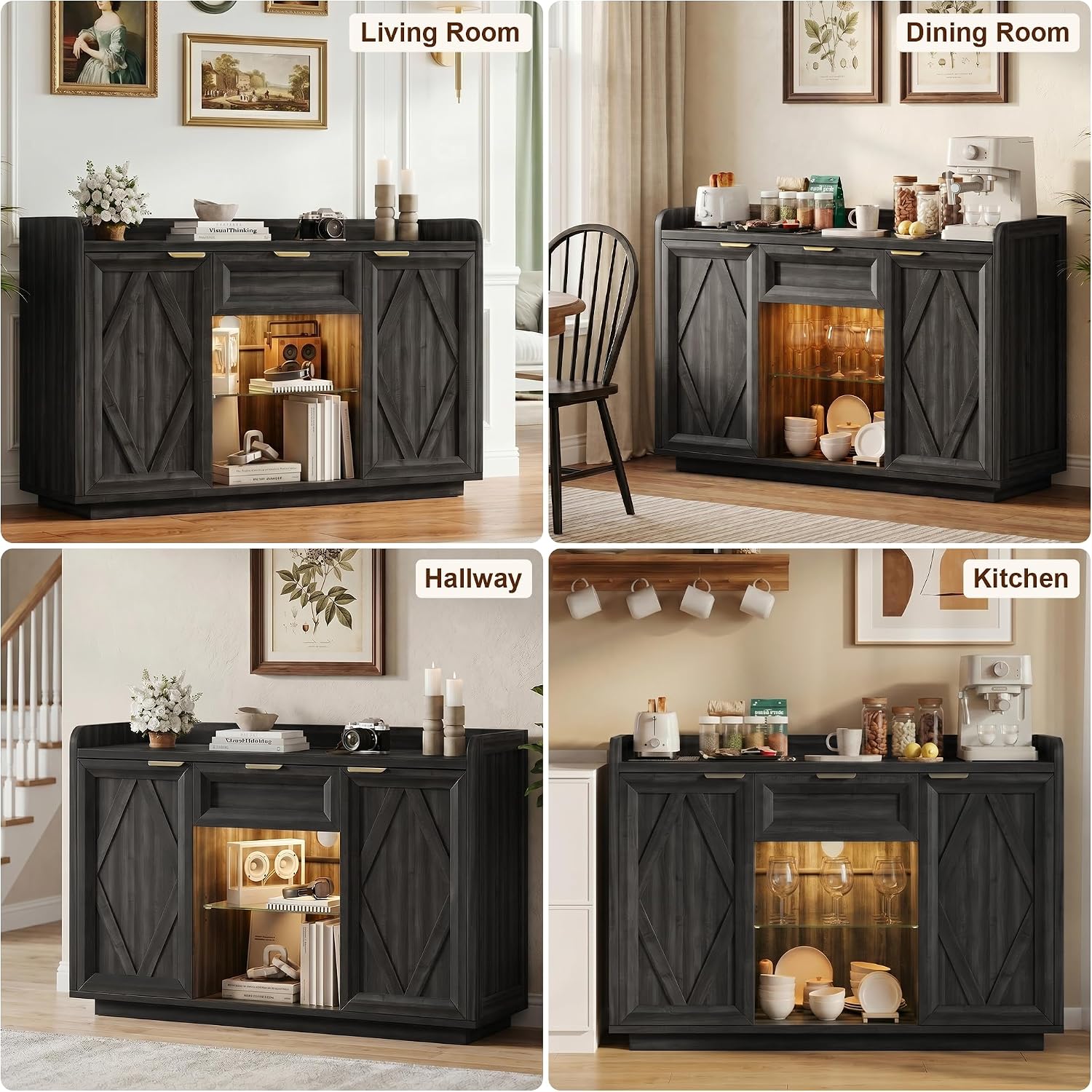 iPormis 47" Buffet Cabinet with LED Lights & Charging Station, Sideboard with Storage, 2 Doors & 1 Drawer, Adjustable Shelves, Modern Farmhouse Coffee Bar for Kitchen,Dining Room,Living Room, Black
