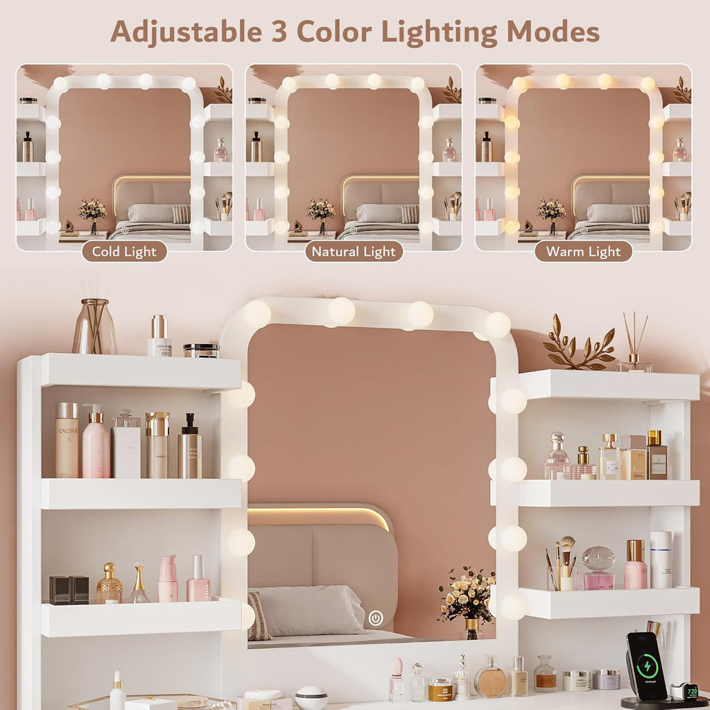 iPormis Vanity Desk with Mirror and Lights, White Makeup Vanity Table with 9 Drawers 6 Shelves, 47" Big Dressing Table with Power Outlet, 3 Adjustable Lighting Modes for Women Girls Bedroom