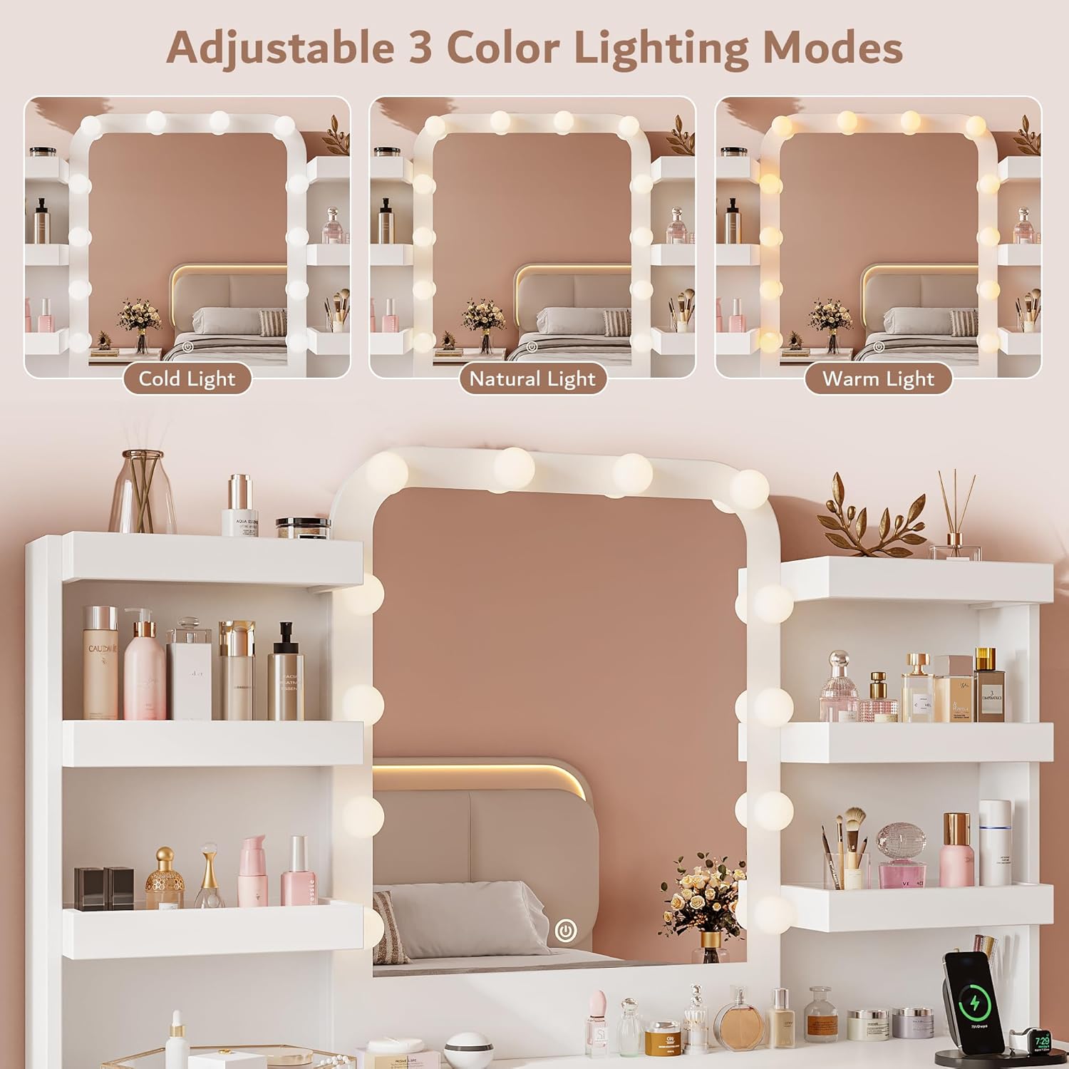 iPormis Vanity Desk with Mirror and Lights, White Makeup Vanity Table with 9 Drawers 6 Shelves, 47" Big Dressing Table with Power Outlet, 3 Adjustable Lighting Modes for Women Girls Bedroom