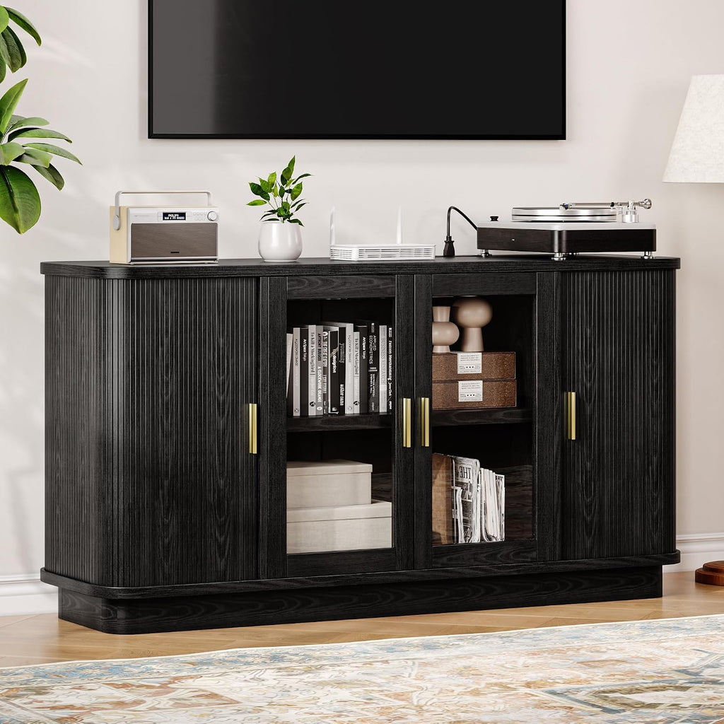 iPormis 63" Sideboard Buffet Cabinet with Storage, Modern Fluted Accent Cabinet with Sliding Doors, Adjustable Shelves, Wood Coffee Bar Console Table for Kitchen, Dining Room, Hallway, Black