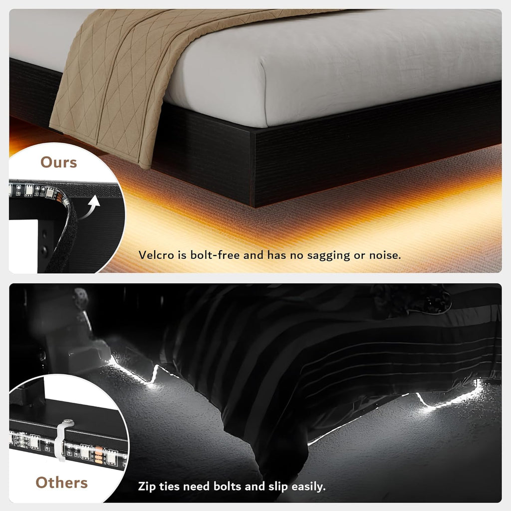 iPormis Queen Floating Bed Frame with LED Lights & Charging Station, Platform Bed with Wooden Storage Headboard, Steel Slats Support, No Box Spring Needed, Easy Assembly, Noise-Free, Black