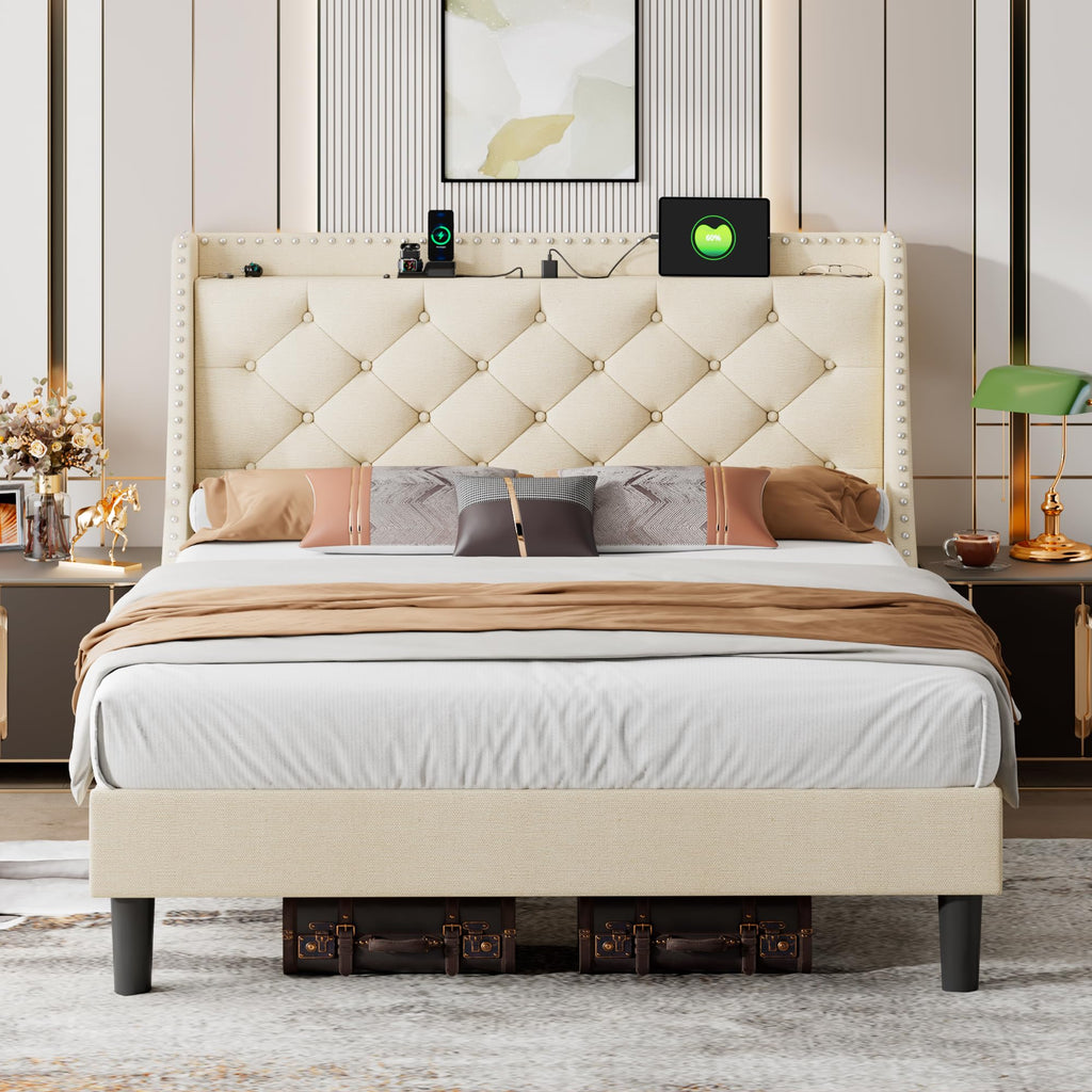 iPormis Queen Bed Frame with 16" Comfort Wingback & Charging Station,Upholstered Platform Bed with Button Tufted Storage Headboard, Solid Wood Slats Support, No Box Spring Needed, Black