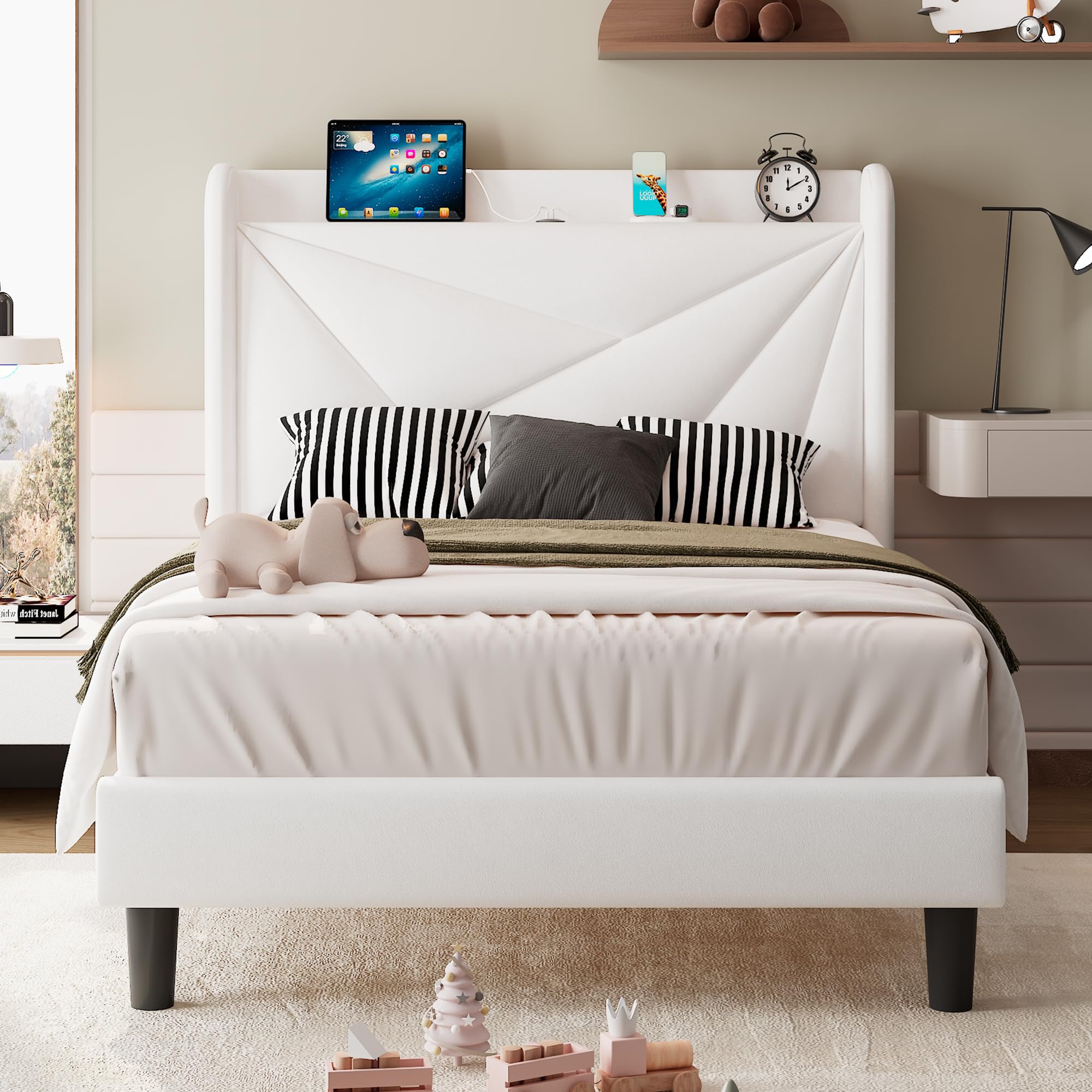 iPormis Twin Size Bed Frame with Charging Station, Linen Platform Bed Frame with Wingback Upholstered Headboard, Solid Wood Slats Support, No Box Spring Needed, Easy Assembly, Dark Grey