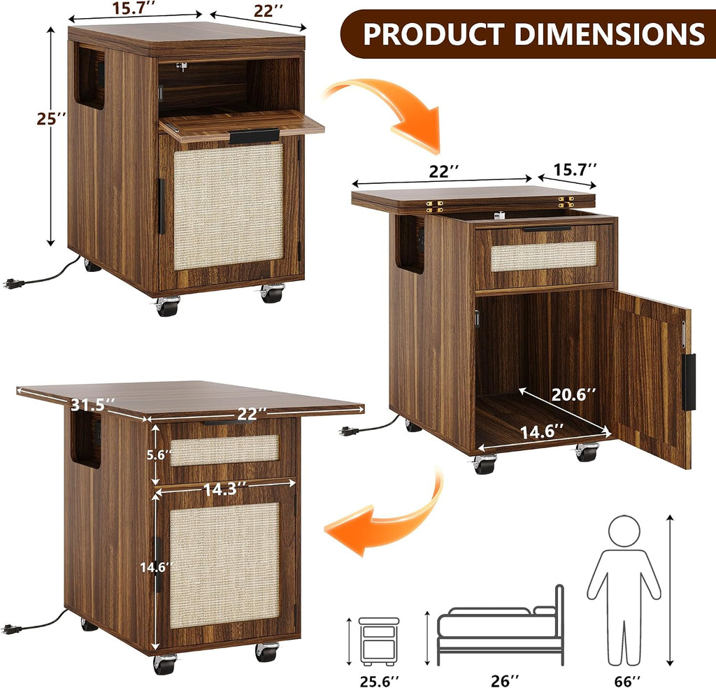 iPormis Narrow Nightstand with Charging Station, Extendable Desktop, Drawer | 15.7''-31.5'' Expandable Surface, Rolling Wheels, Rattan Wood Storage Cabinet, Space-Saving for Bedroom Small Spaces, Walnut